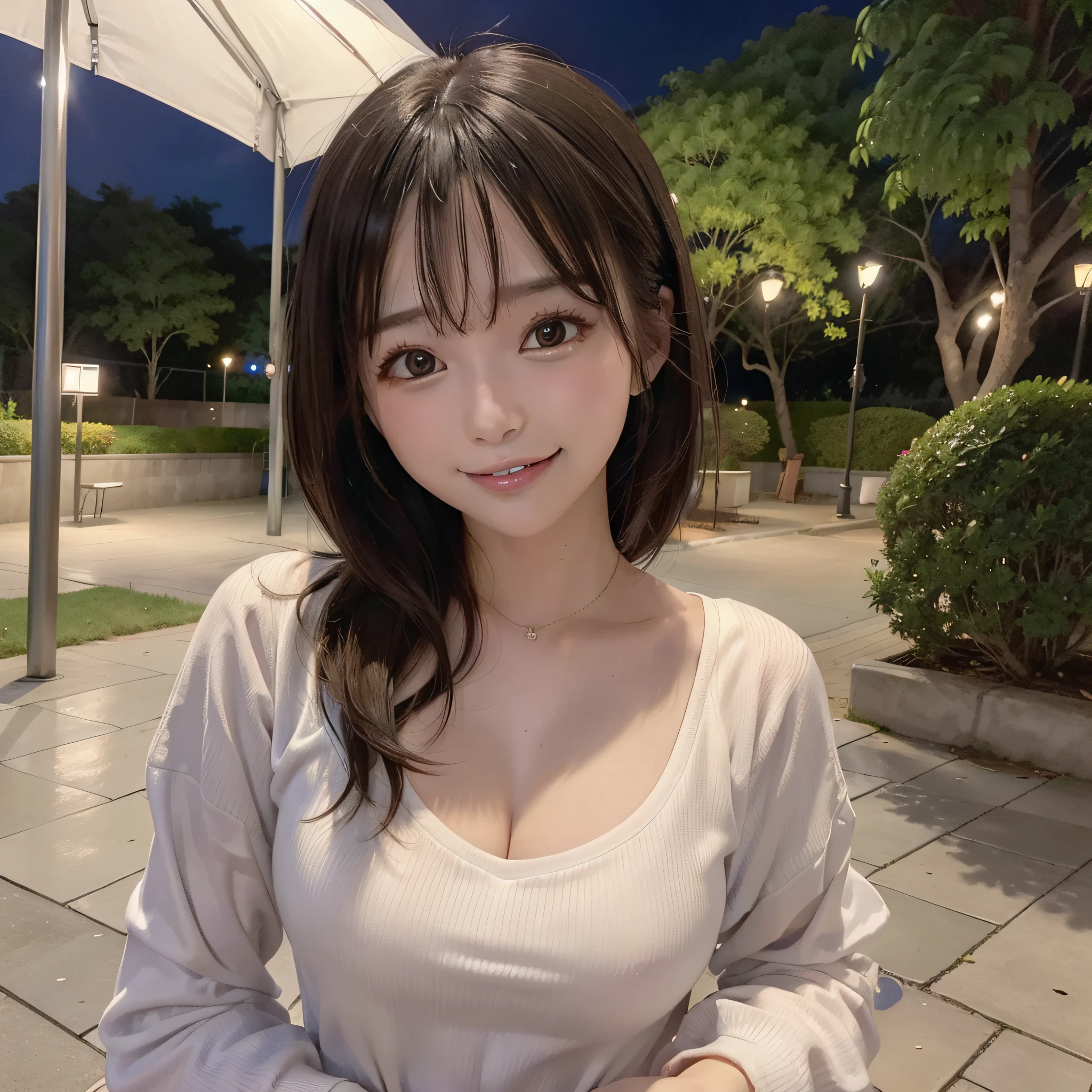 There is a beautiful young woman who is on the street with a bag, Ulzzang, (8k, foto RAW, melhor qualidade, obra-prima: 1.2), (realista, foto-realista: 1.37), ultra-detalhado, bonito, solo, beautiful detailed sky, Detailed café, noite, sentado, namoro, (nariz corado), (sorriso: 1.1), middlebreasts, belos olhos detalhados, (camisa colarada: 1.1), gravata borboleta, saia plissada, brincando com coelhos.