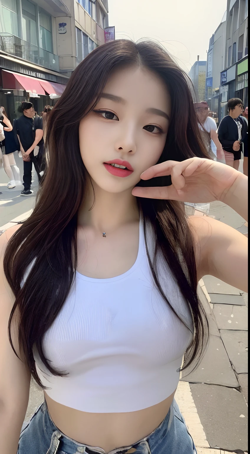 ((top-quality、16 K、​masterpiece:1.3))、Beautiful woman with perfect body shape:1.4、Slender Abs:1.2、((longwavy hair))、((small tits:1.4))、((Kpop Idol:1.3))、((In the street))、((Wear streetwear))、((the pose))、((Shirt over tank top))、I have strawberry candy
