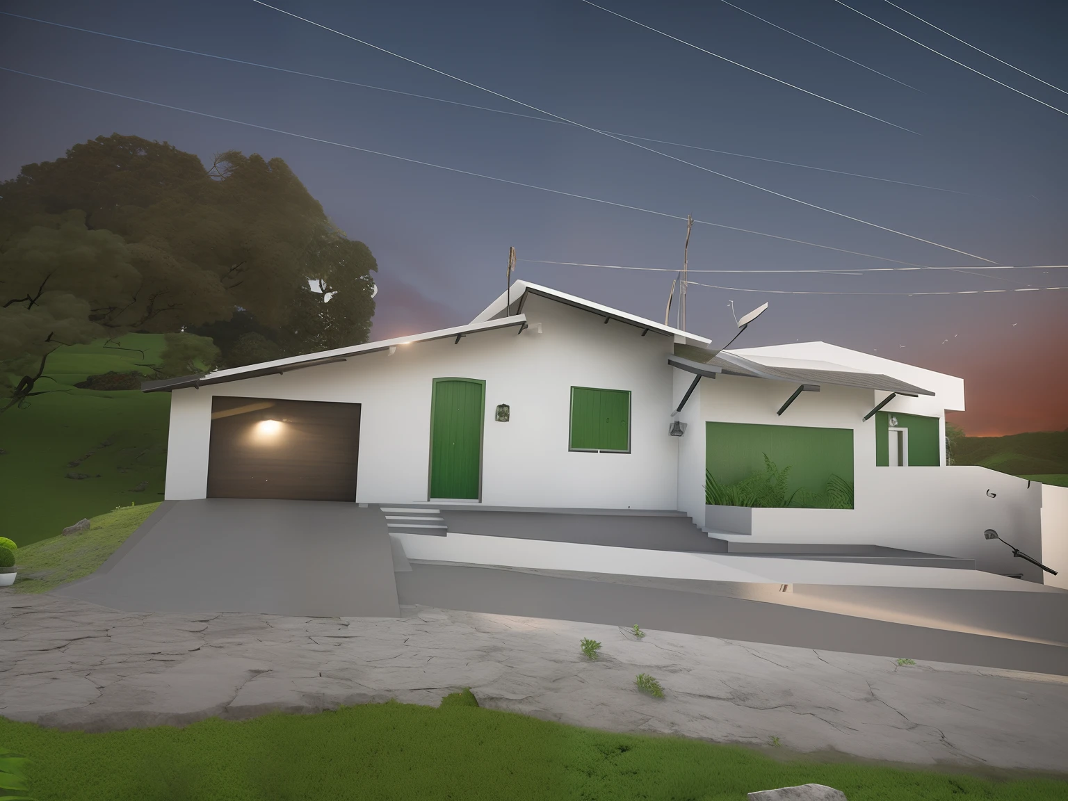 There is a small white house with a red roof and a green door, Lumion Pro rendering, Directed by: CeFerí Olivé,vista exterior, gramado muito verde em frente, casa completa, vista externa, imagem de listagem, imagem frontal, Frente, casa moderna, estilo colonial, Directed by: Willian Murai,forest location, vista frontal, imagem central, Vista frontal, casa no fundo, Front view