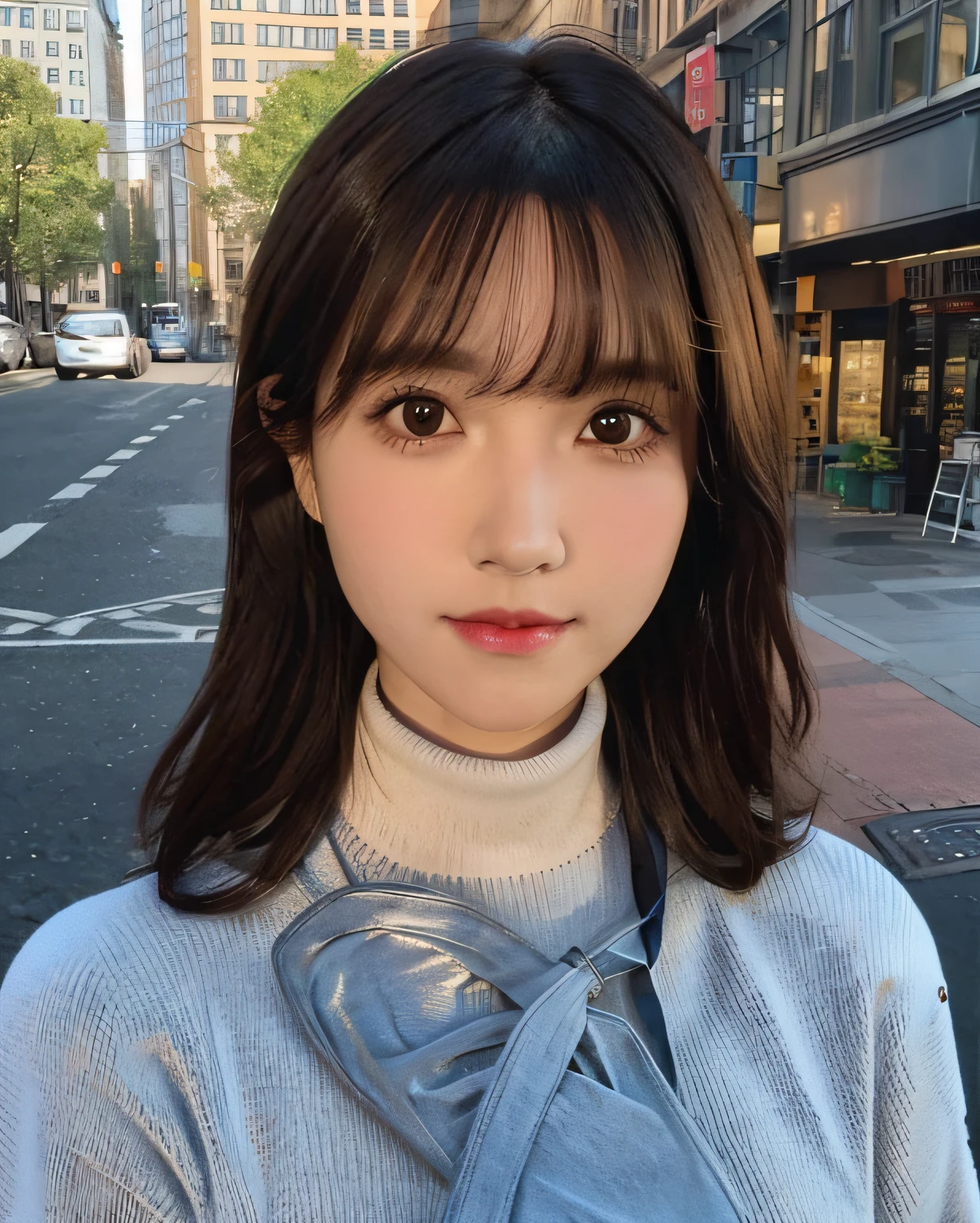 best quality, photorealistic, 8k, high res, 1girl, woman, (skindentation), (portrait:0.6), ((cityscapebackground:1.52)), full color, ((smallsize round breast, highneck sweater:1.5)), straight-looking at viewer:1.8, (1girl eyes looking at viewer:1.45, medium-length hair, blackhair, partedbangs:1.45), (bokeh),