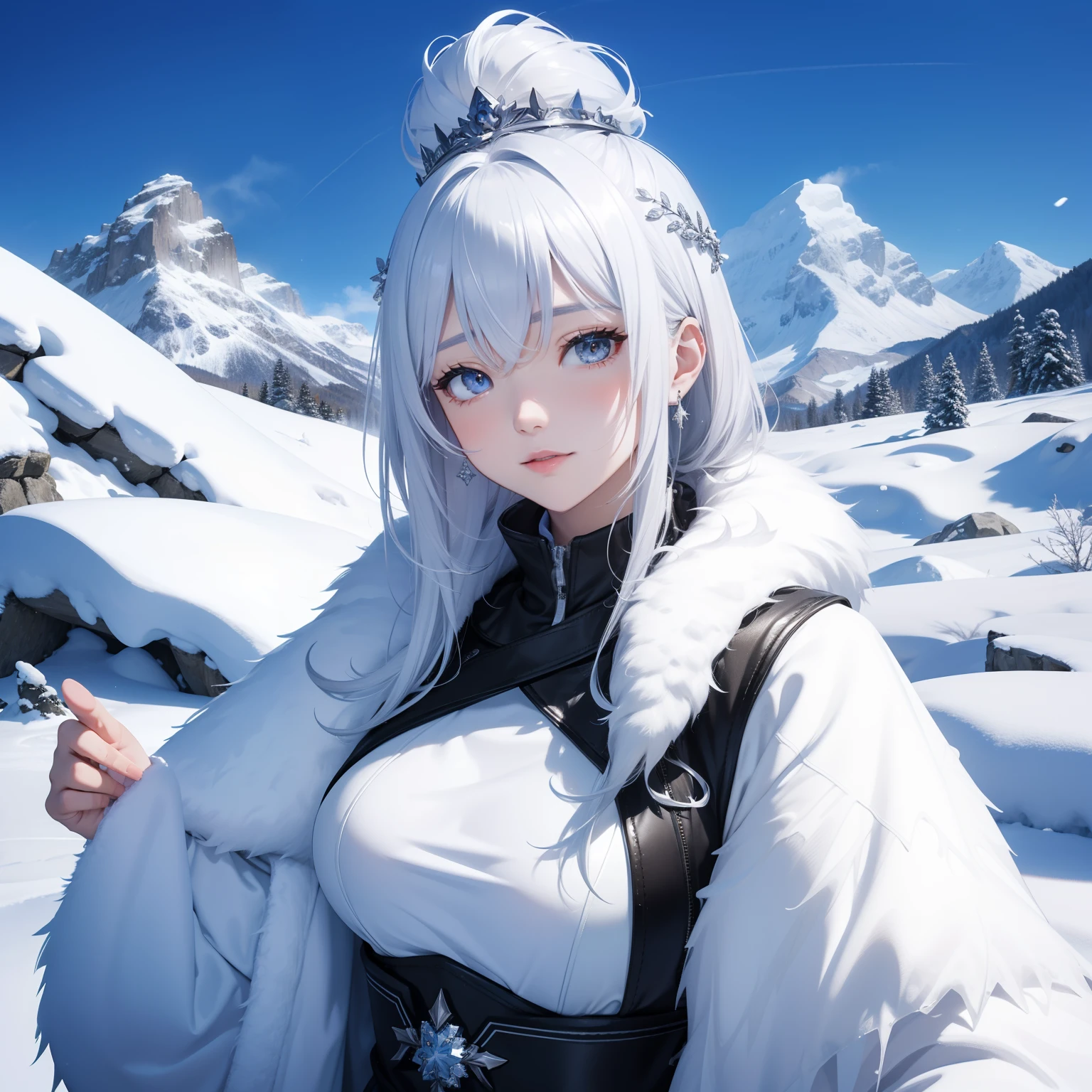 Snowy mountains in winter、Ice icing、Queen of snow、Woman with silver hair、