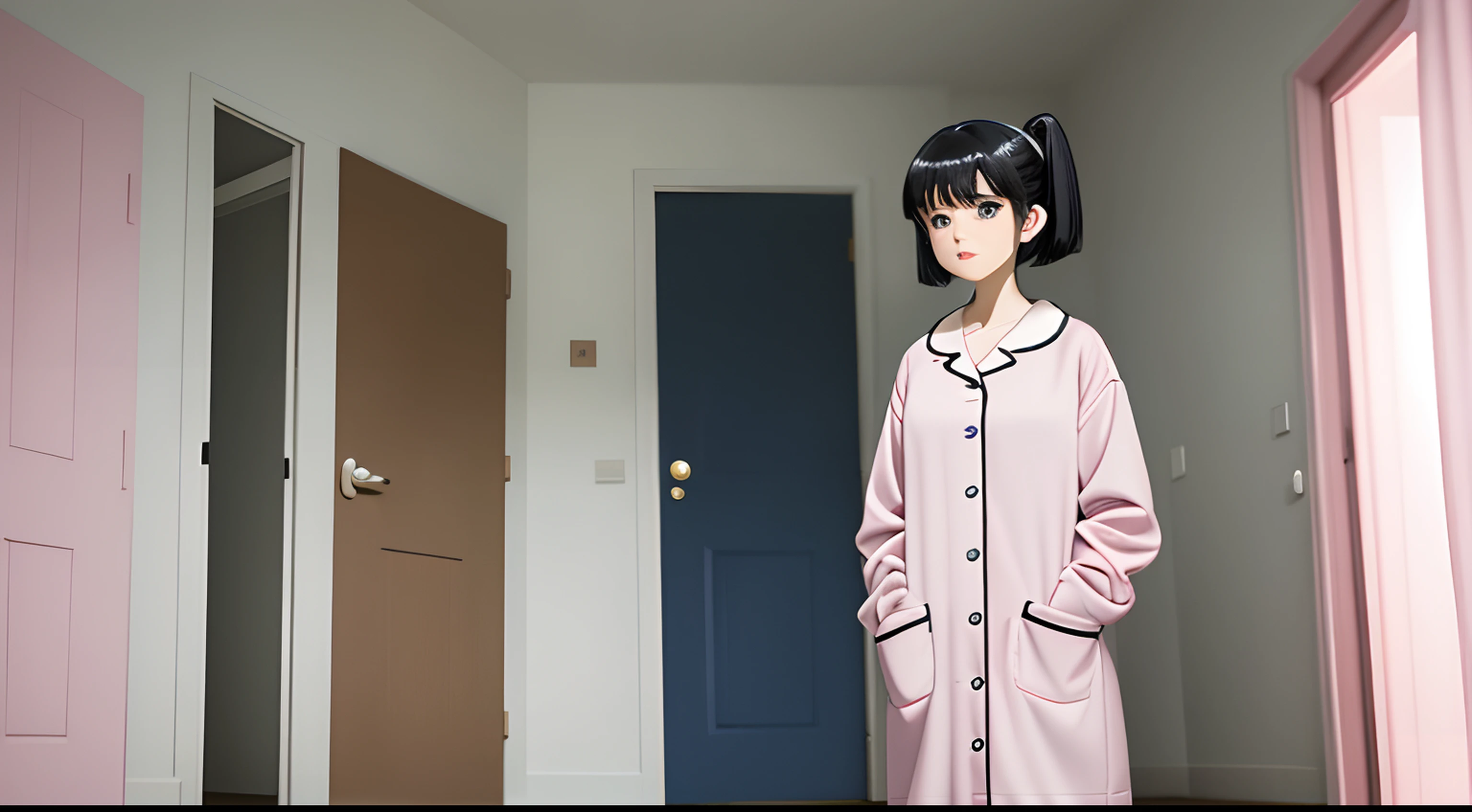 (Anime two-dimensional style)My sister is Lori, Who is one meter six or eight meters tall, Stand in front of the bedroom door,Wearing pale pink pajamas,he has black hair、Blue pupil、short detailed hair,It has a cute two-dimensional face;Time: Seven o'clock in the evening,Moonlight shone through the window on her face。