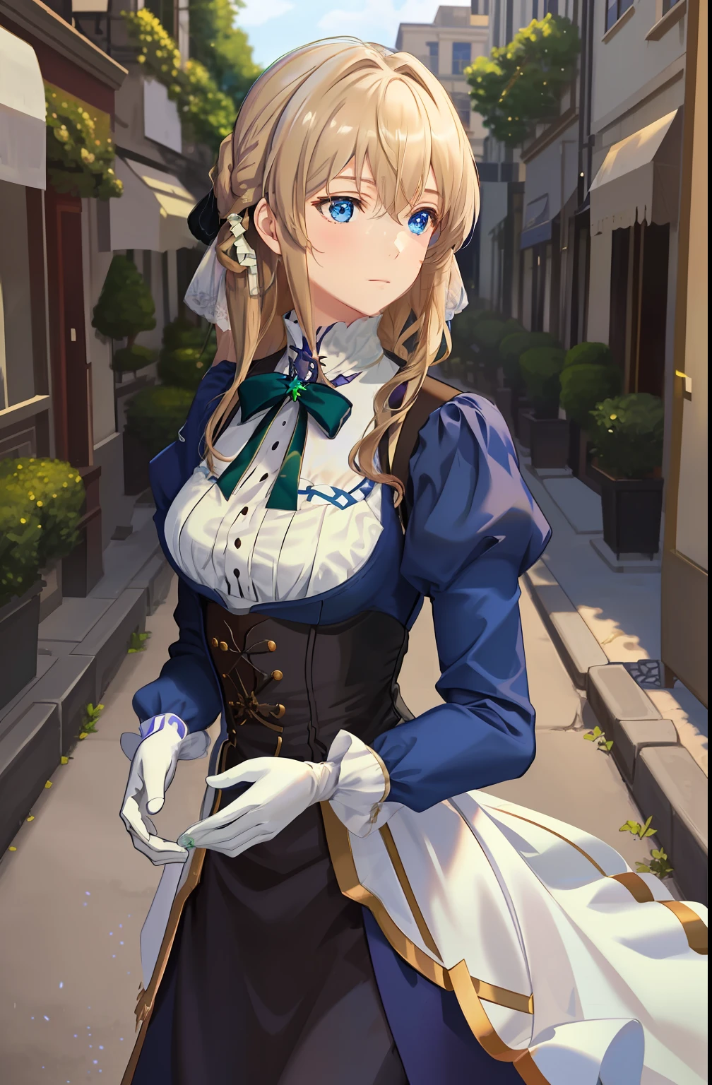 best quality, masterpiece,highly detailed,anime,1girl,upper body,violet_evergarden,medium breasts,perfect face,blond hair,hair ribbon,blue eyes,glowing eyes,blue jacket,long sleeves,white dress,green gem,brown gloves,outdoors,street,depth of field,looking at viewer,