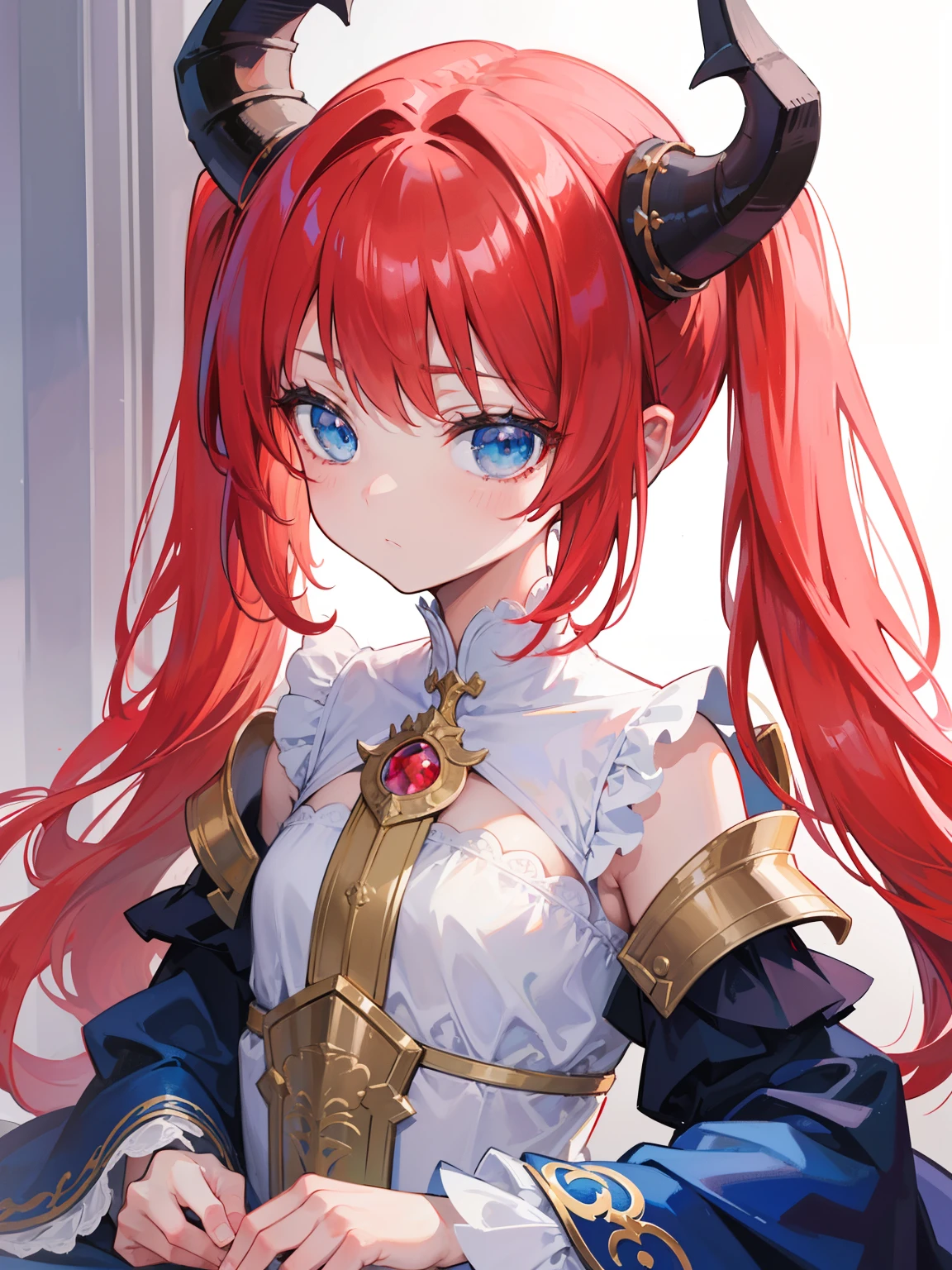 {{best quality}}, {{masterpiece}}, {{ultra-detailed}}, {illustration}, {detailed light}, {an extremely delicate and beautiful},Dragon Horns, girl, solo, Twintails, red hair, blue eyes, cute, fantasy, fantasy style, Dragon Girl,loli,little girl,