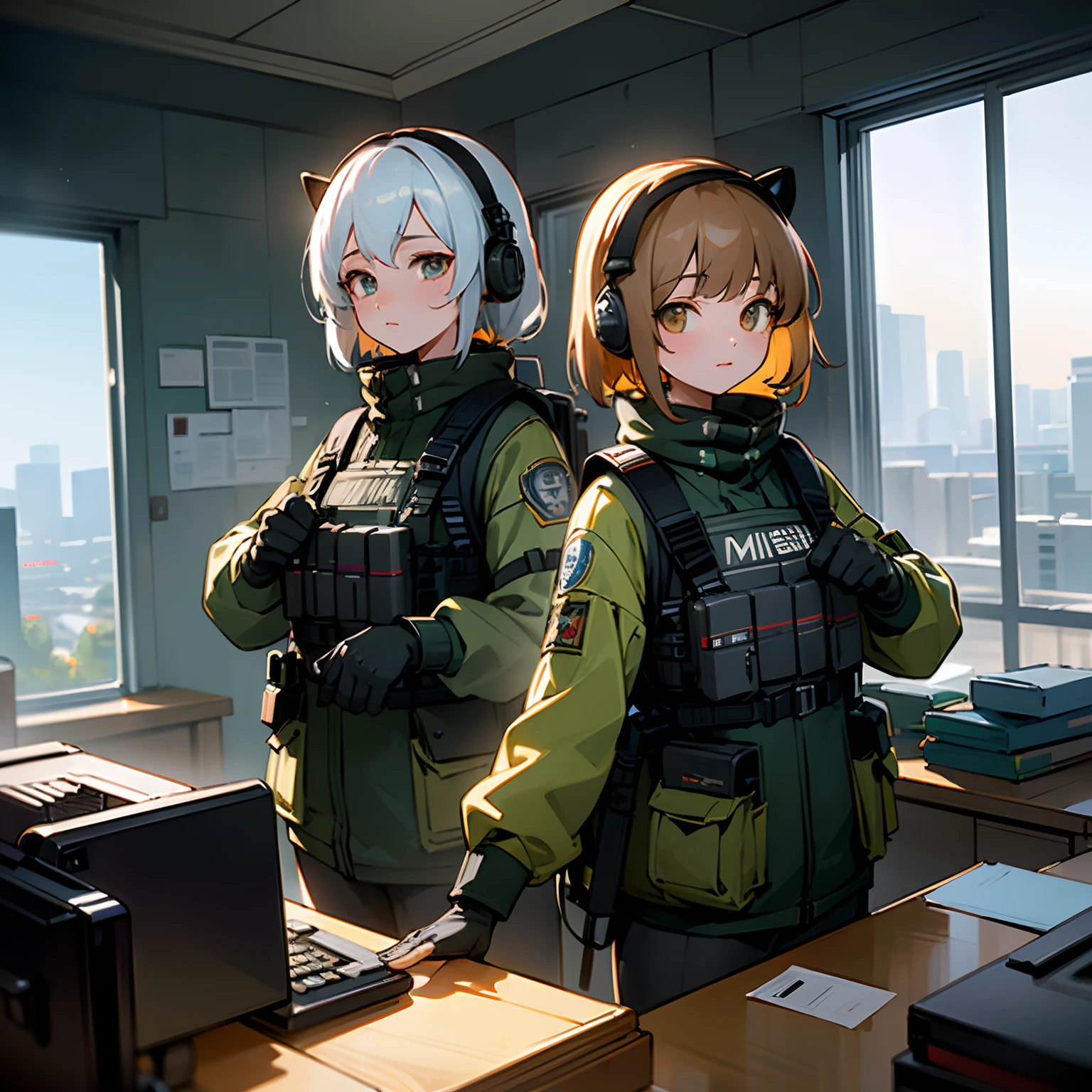 ((High quality)), ((Masterpiece)), 8K, 2girls, bulletproof vest, Light rays, Extremely detailed Cg Unity 8K wallpaper, Game CG, view the viewer, mitts, Boots, full bodyesbian, Watch, Computer, Mask, UAVs, holding weapon, Earphone, Jacket, bag, Backpack,Delicate and feminine face