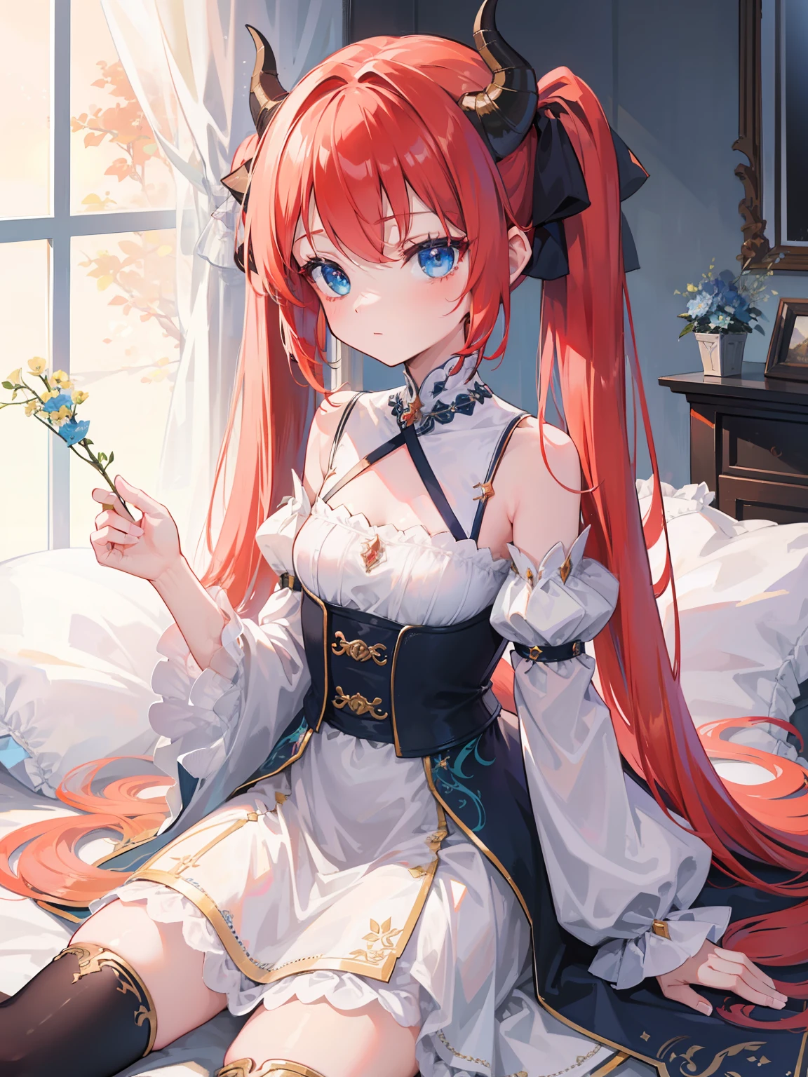 {{best quality}}, {{masterpiece}}, {{ultra-detailed}}, {illustration}, {detailed light}, {an extremely delicate and beautiful},Dragon Horns, girl, solo, Twintails, red hair, blue eyes, cute, fantasy, fantasy style, Dragon Girl,loli,little girl,