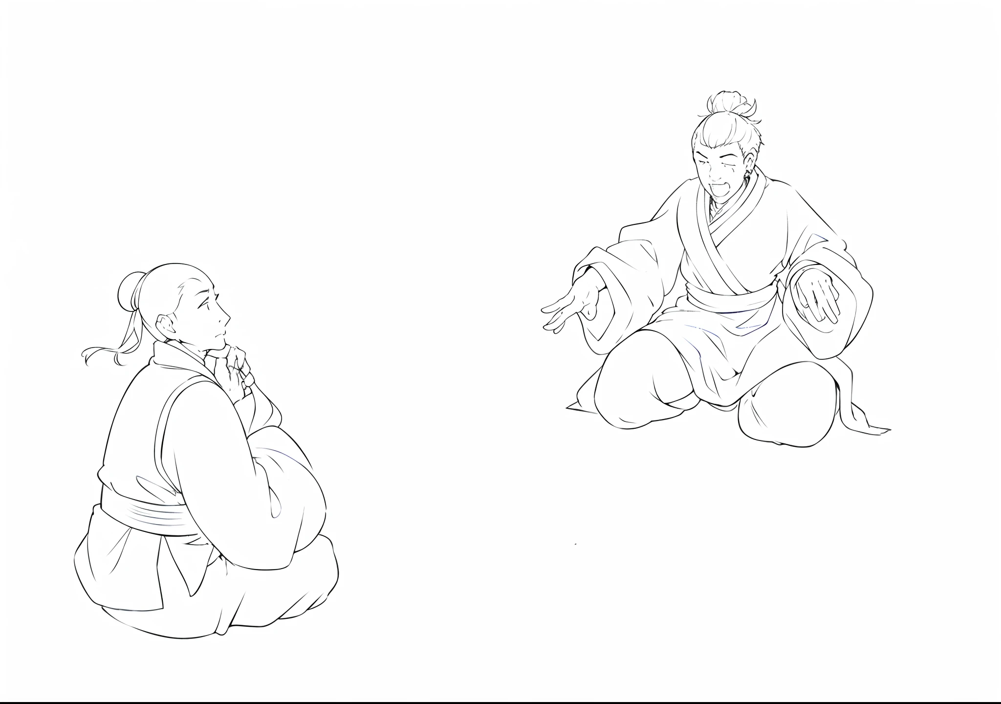 a drawing,A man kneels next to the person,A person kneels, inspired by Tawaraya Sōtatsu, inspired by Kikuchi Yōsai, Inspired by Ryūkōsai Jokei, inspired by Tōshūsai Sharaku, inspired by Watanabe Shōtei, intense line art