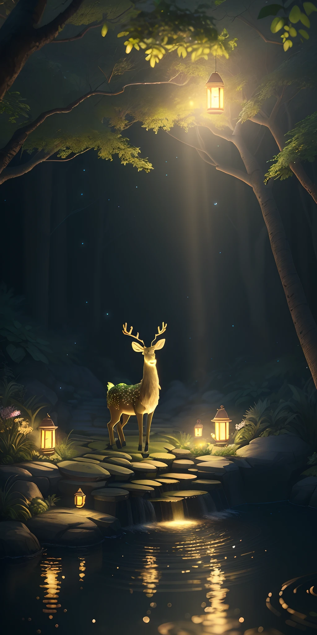 Masterpiece, best quality, (very detailed CG unity 8k wallpaper), (best quality), (best illustration), (best shadows), glow sprite, with a glowing deer, in the swimming pool Drinking water, natural elements in the forest theme. Mysterious forest, beautiful forest, nature, surrounded by flowers, delicate leaves and branches surrounded by fireflies (natural elements), (jungle theme), (leaves), (twigs), (fireflies), (particle effects) etc. 3D , Octane rendering, ray tracing, super detailed