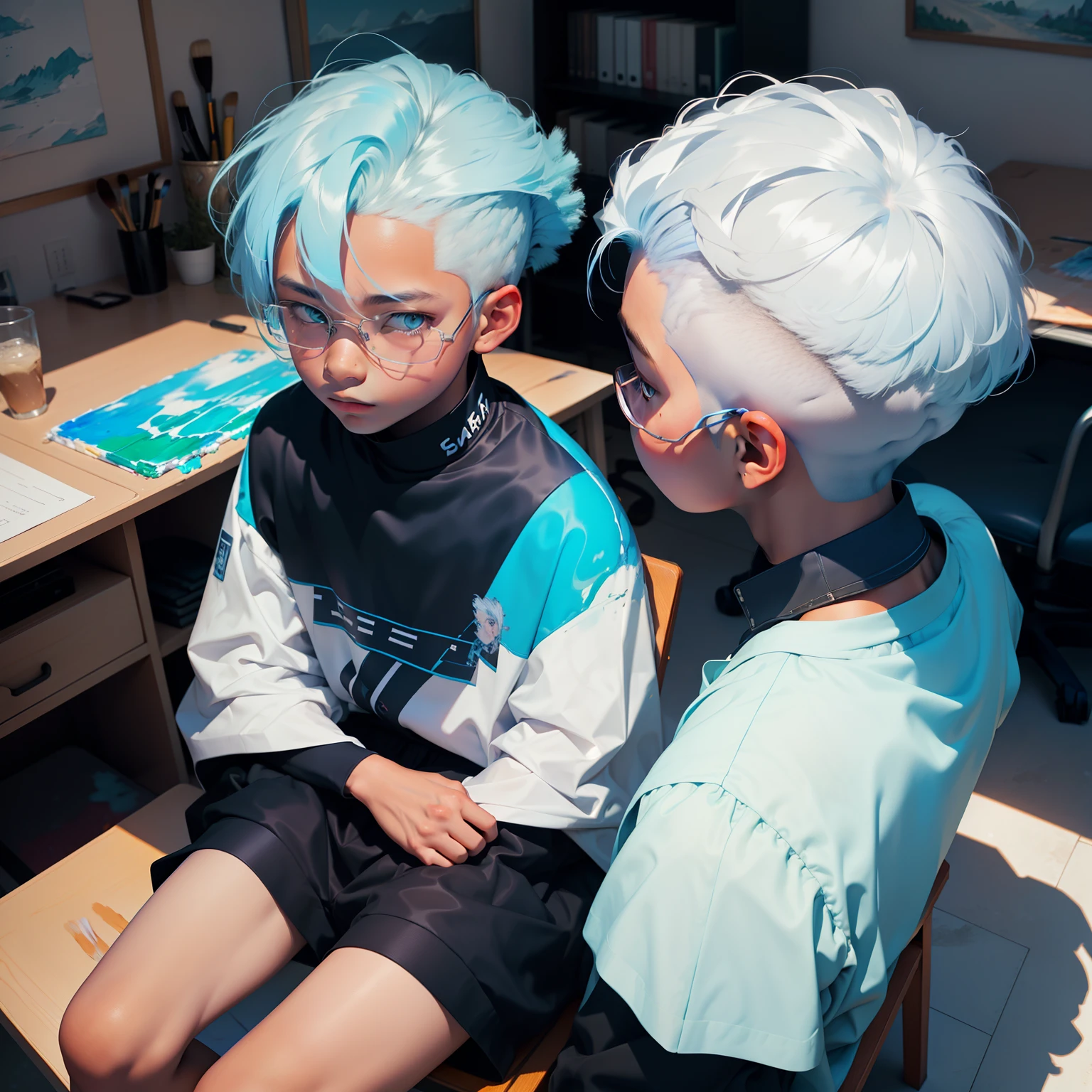 (Painting style two-dimensional, Sixteen-year-old boy, Describe the background, Full body photo, Blue-white hair, Take a brush, Sit at your desk, The eyes do not look at the camera)