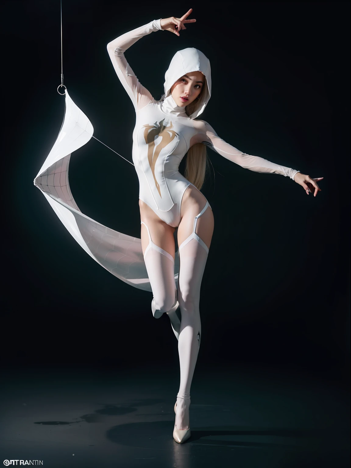 (full body:1.5)，(looking at viewer:1.4)，(anatomy correct:1.3)，(In the paradise of the day:1.3),(Wearing Pantyhose and pointed toe high-heeled, and Female Spider Gwen full body Suit :1.4), (A high jump posture:1.3),(In pink|amarelo|blue colors|green color|red colour|white colors|black in color|purpleish color|greys|Beige|Flesh color 1.4)，(Accurate and perfect face:1.4),(Clothing Gloss:1.25),(Skin reflection:1.25)A shallow laugh,,hyper HD, Ray traching, reflective light，structurally correct, Award-Awarded, high detal, lightand shade contrast, Face lighting，cinmatic lighting, tmasterpiece, super detailing, high high quality, high detal, best qualityer, 16k，high contrast,