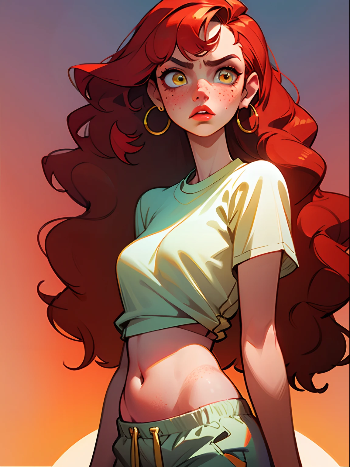 The girl is fat, curly long hair, redhead hair, freckles on her face, pouty lips, Yellow eyes, Bright make-up, white top, open belly, Sundown, serious face, Hoop earrings, white sweatpants, Very long hair, red-lips
