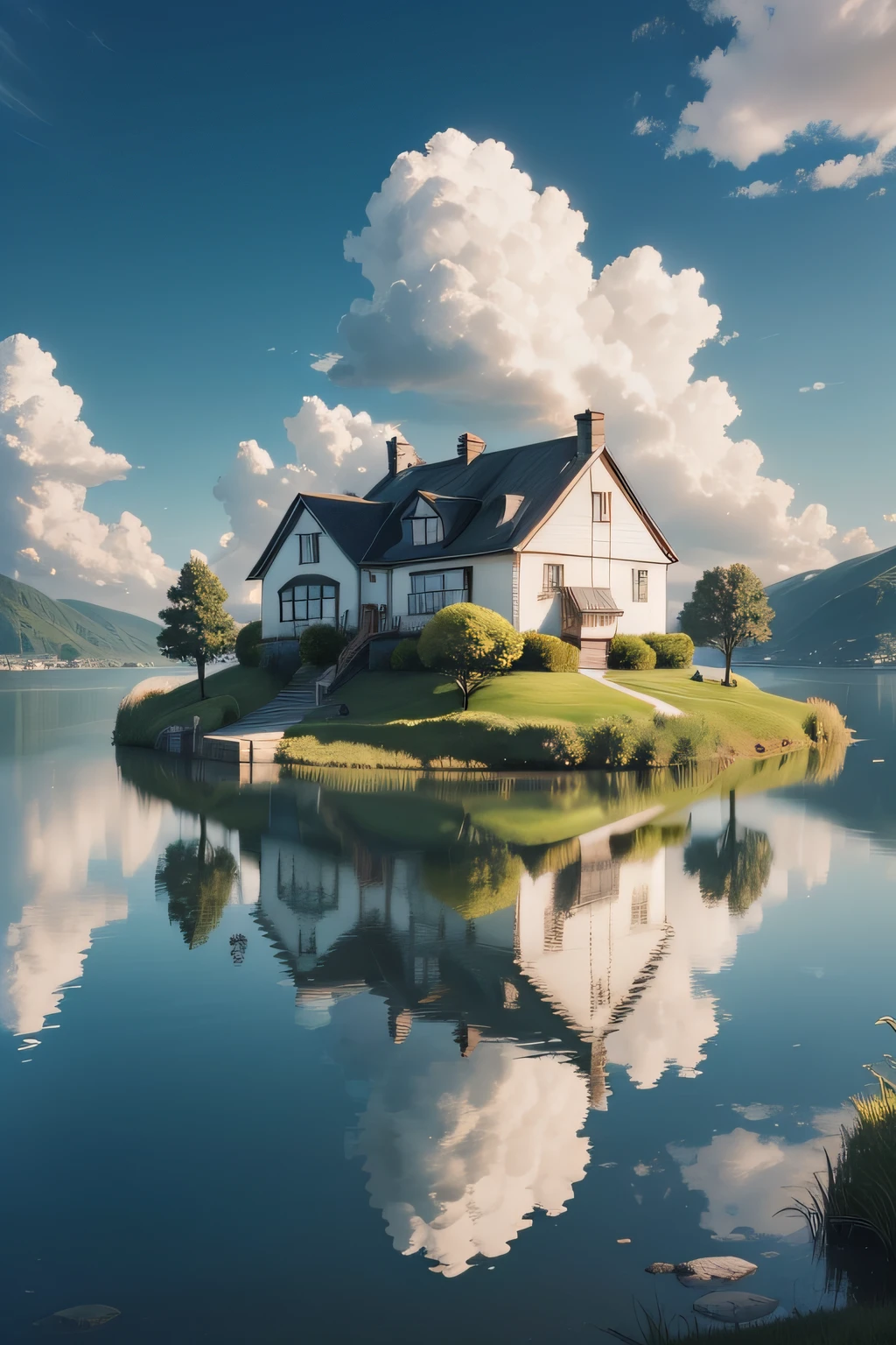 On a sea area，Green meadows and water houses，beautiful weather，White clouds，The house is reflected on the water like a mirror，The overall composition group has no hills，Cartoon class，Spongy clouds，high qulity，high detal