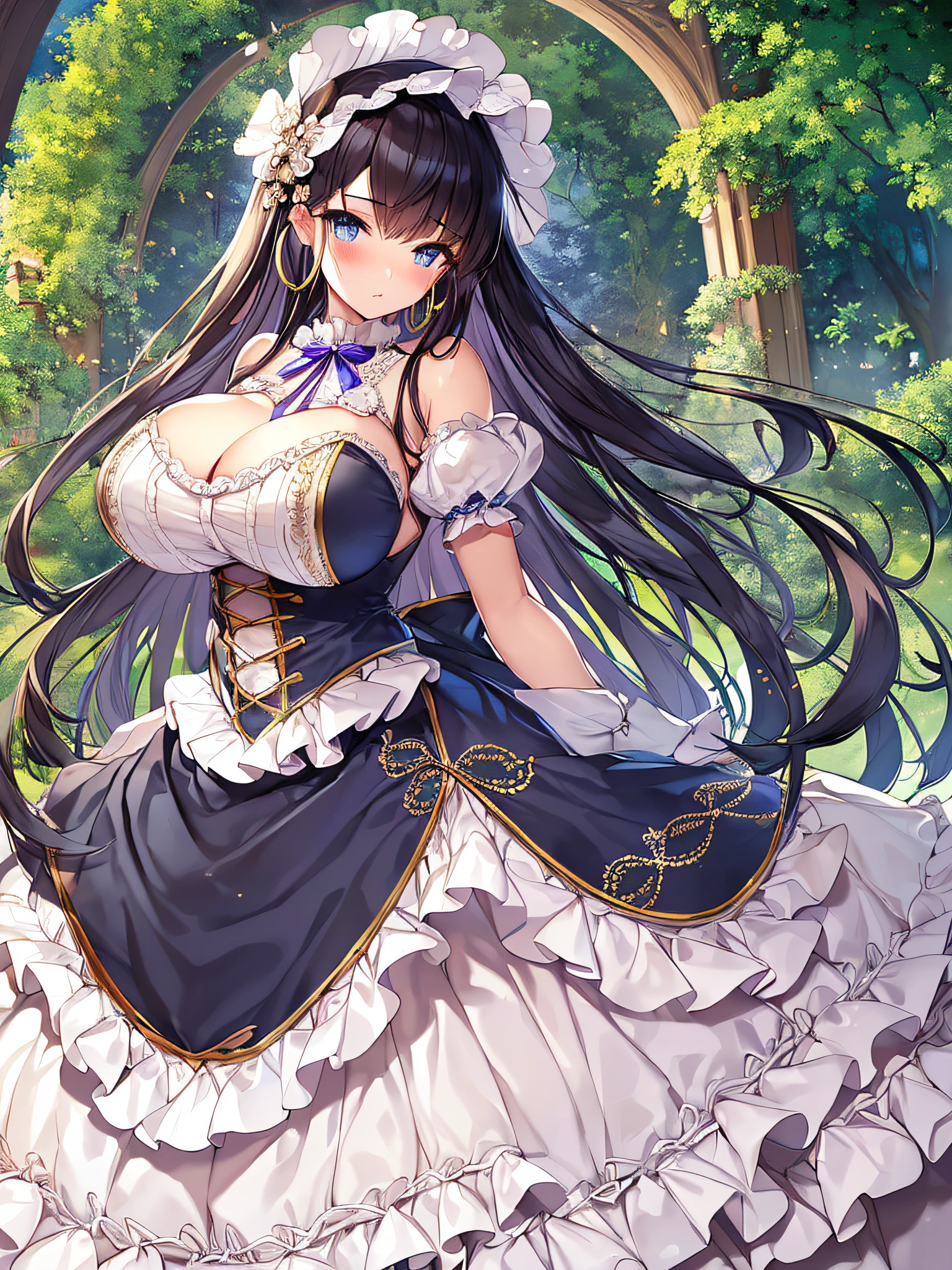 ((anime artstyle)),(Masterpiece),(Best Quality), (Super Detail),((Very Delicate and Beautiful)),(((Solo))),((full body)),(((1 princess in extremely gorgeous lolita dress with voluminous full length hoop skirt))),((standing in garden)),Long train,(bling-bling gorgeous gemstone jewelry),detailed face and eyes,jewel-like eyes,cry,((large amount of straight hair,extremely voluminous Very Long Straight Hair)),((gigantic tits,Long tits)),cleavage,(gorgeousfull embroidery and lace),gorgeous corsage,See-through,((extremely gorgeousfull lolita hair ornament)),bling-bling extremely gorgeousfull jeweled tiara,ornate ruffles,beautiful embroidery,(hoop skirt,crinoline),flowers, flower petals flowing,((Dynamic Angle)),Looking at viewer,((full body))