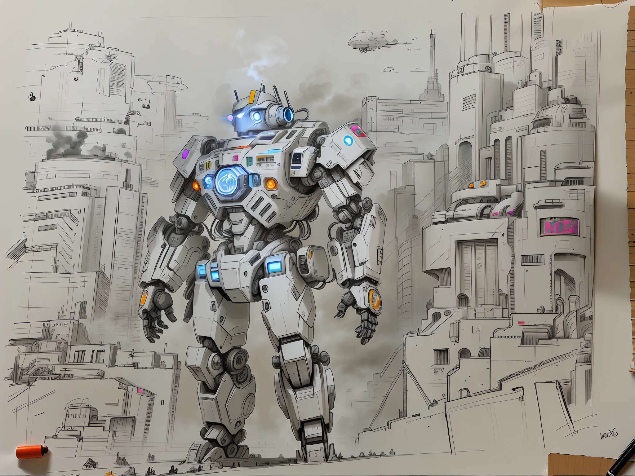 Robot drawing with city as background,Smoke rises in the sky in the background