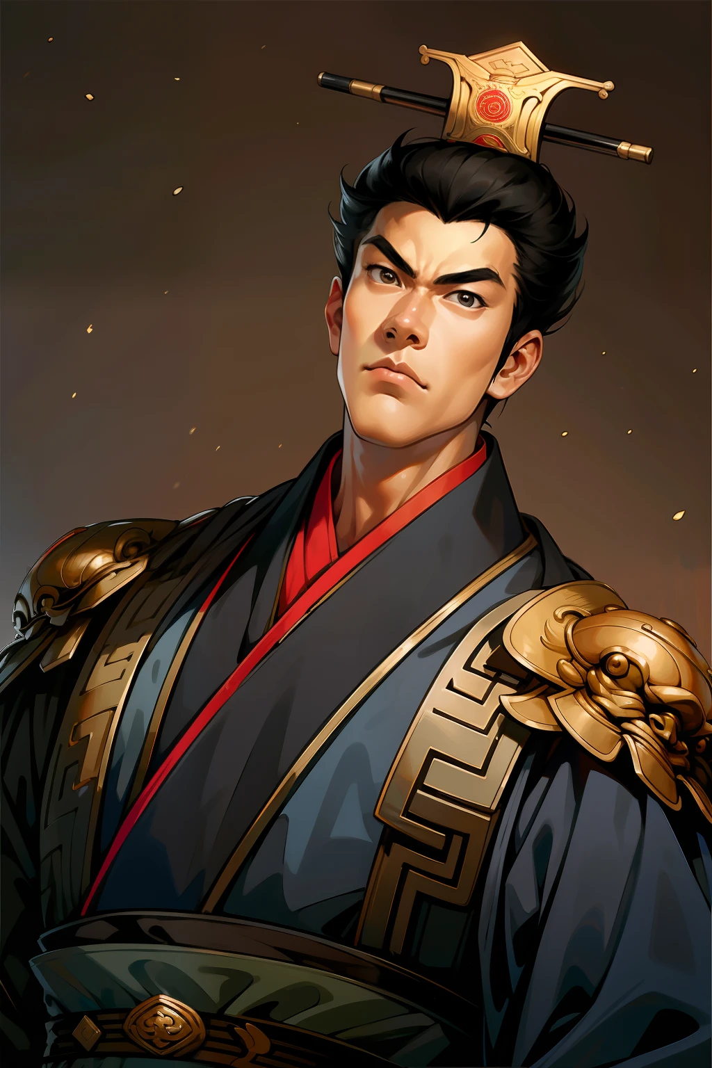 4k, Best Quality, high resolucion:1.1), (Masterpiece:1.1), 1, (Chinese Male:1.2), youth, monarch, Detailed Eyes, face , strong, Honorable, confident, looking up at viewer, 1Boy, male_Focusing, weapons, Solo, Huangpo, Handsome, Mild, Black hair, emperor