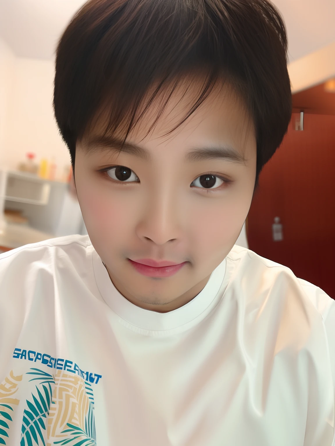 There was a young man in a white shirt looking into the camera, 8k selfie photograph, south east asian with round face, young cute wan asian face, with round face, Narrow Nose, with accurate face, with serious face expression, Asian face, look straight at the camera, look straight at the camera, Face picture, with no facial features, centered face shot