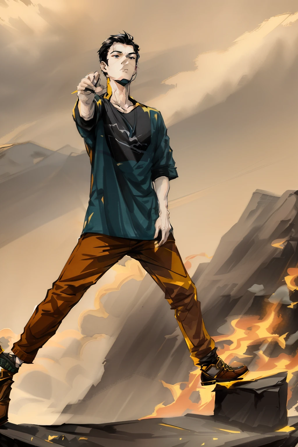 there is a man standing on a rock with his hand up, cool pose, in an action pose, action pose, standing on mountain, shooting pose, with a cool pose, t pose, hero action pose, battle action pose, t - pose, t-pose, very cool pose, confident action pose, fun pose, dabbing, doing a sassy pose