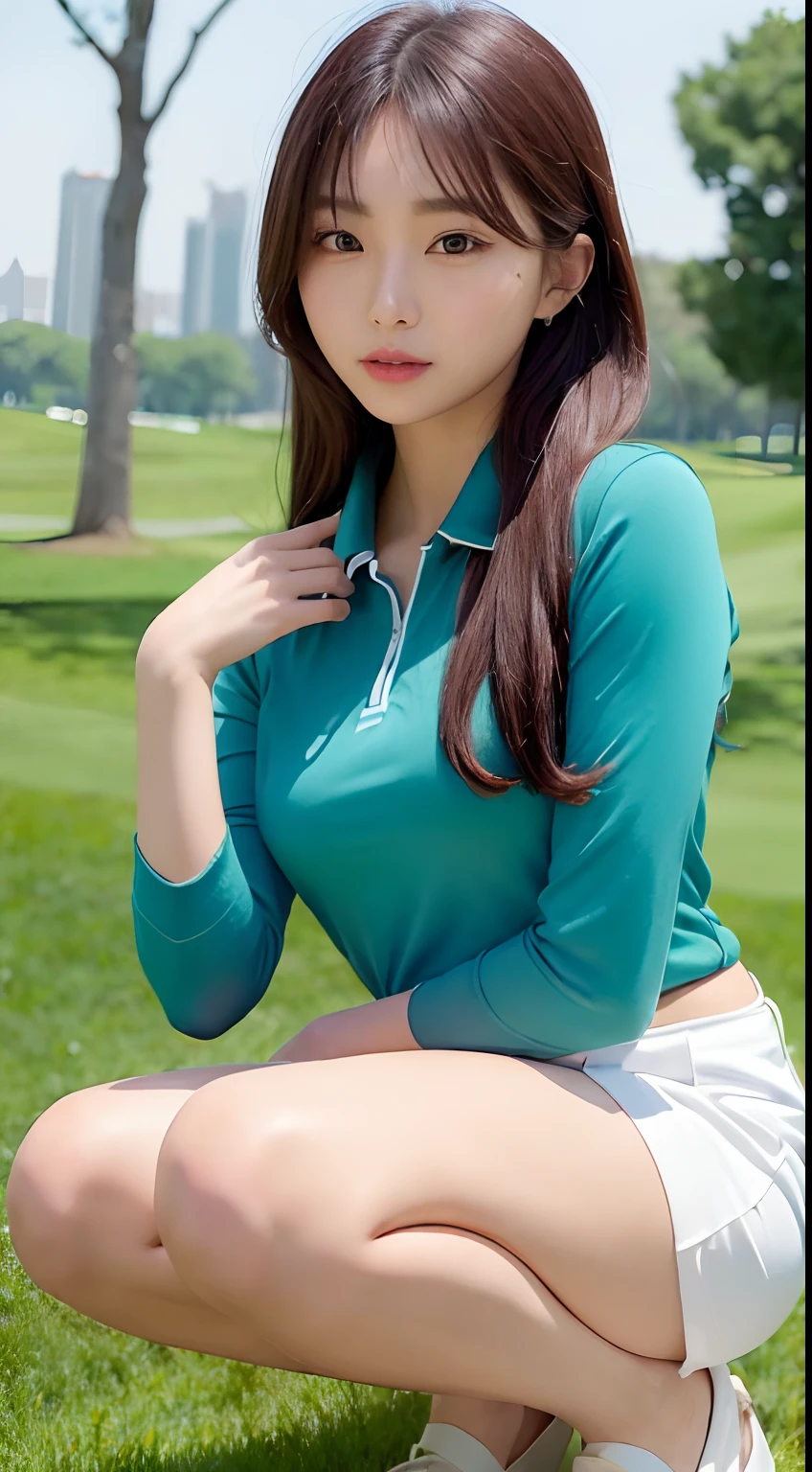 (yinchuan:1.5),, ​masterpiece, top-quality, Raw foto, Photorealsitic, large full breasts、beautiful and flawless face,  Soft smile、20 years girl、Colossal tits、Women's Golf、Golf Wear、greenr、crouching down、depth of fields, hight resolution, ultra-detailliert, finely detail, ighly detailed, extremely detailed eye and face, Sharp pupils,