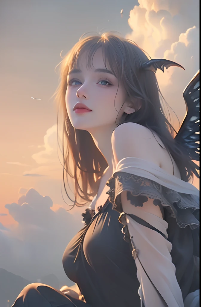 ((best quality)), ((masterpiece)), (detailed), alluring succubus, ethereal beauty, perched on a cloud, (fantasy illustration:1.3), enchanting gaze, captivating pose, delicate wings, otherworldly charm, mystical sky, (Luis Royo:1.2), (Yoshitaka Amano:1.1), moonlit night, soft colors, (detailed cloudscape:1.3), (high-resolution:1.2)
