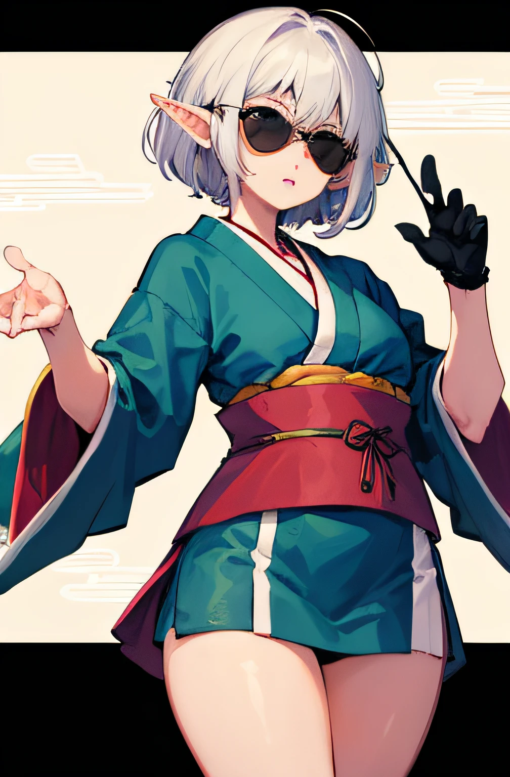 One wears one-piece sunglasses and has short white hair, elf Japanese anime style,medieval clothing