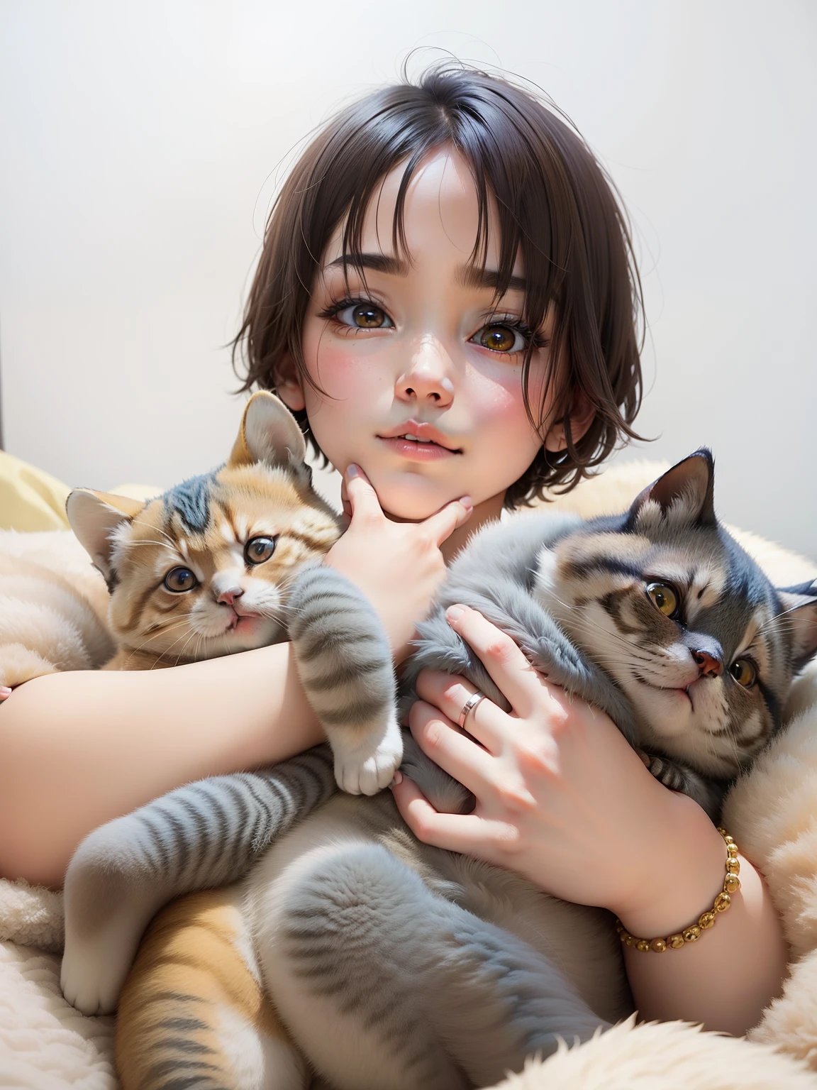 A girl with short hair hugged a yellow tanuki cat on her left，There was a blue cat on the right。