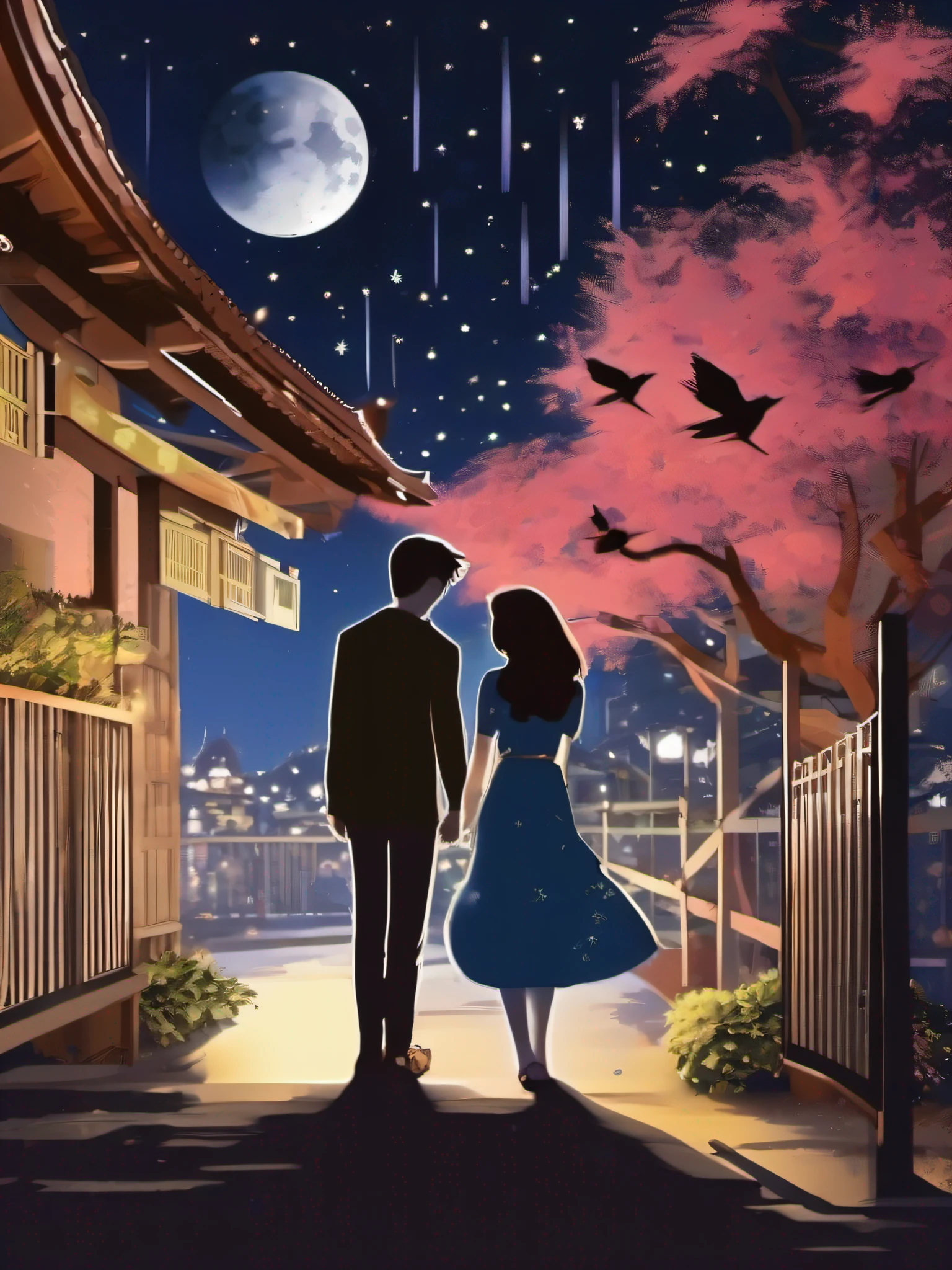 couple，Tanabata，the night，puss，benches，Back Shadow，flying birds，themoon，As estrelas