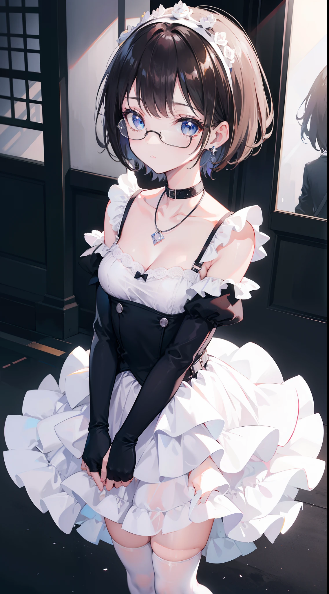 1girl, (solo:1.1), (glasses:1.1), (french hepburn white dress:1.21), full body, fake two pieces, high waist, layered, /\(/boyfriend perspective, collarbone, black thighhighs, zettai ryouiki, high-heeled shoes, (standing:1.1), solo focus, arms behind back, brown hair, gradient hair, earrings, medium breasts, necklace, blue eyes, happy, (short hair:1.1), shoesfrench hepburn black dress, simplicity, temperament, path, quiet, leisurely, summer, Fujifilm, 135mm, f/2.8, lens flare, depth of field, cinematic lighting, backlighting, Fujicolor, ray tracing, 135mm, UHD, retina, masterpiece, textured skin, anatomically correct, super detail, 8k