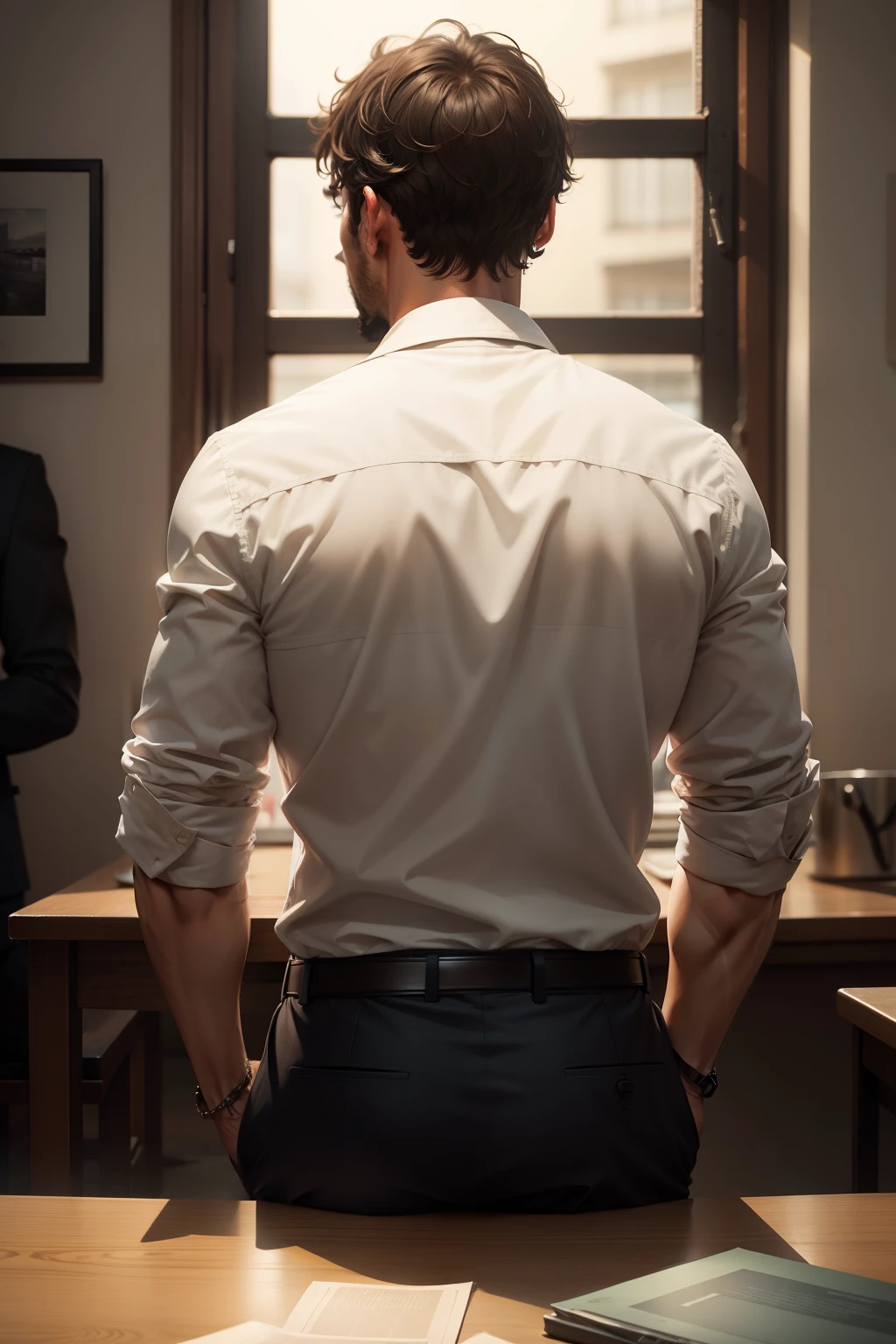 A man looks out from behind the table