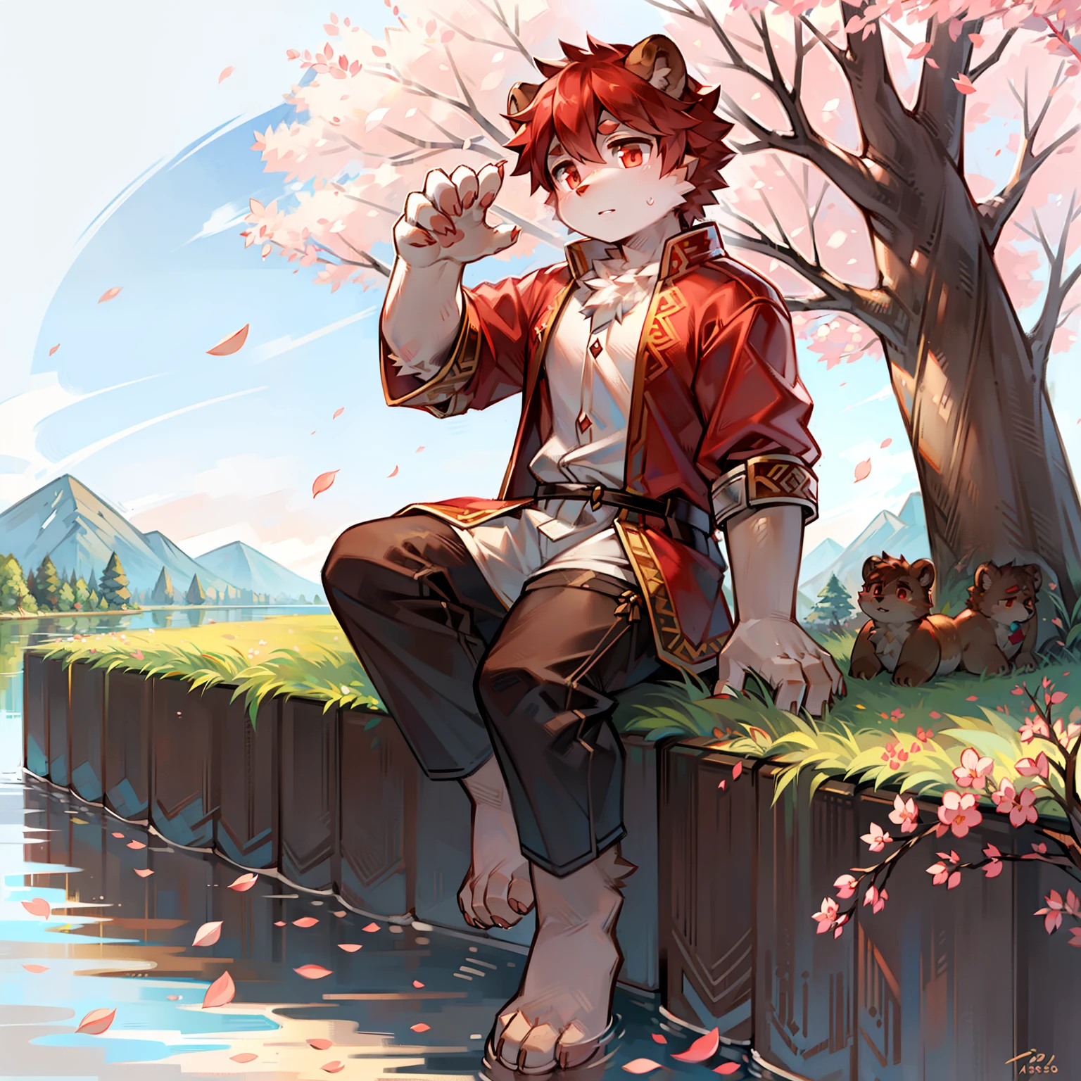 Brown bear,Sit on the riverbank,sitting down,Fire-red pupils,Beast too,Shota,Leaning against a tree,Peach blossom tree,Pear blossom tree,White petals and pink petals,solo person,Flame in the palm of your hand,A procession of merchants in the distance,Clear river water