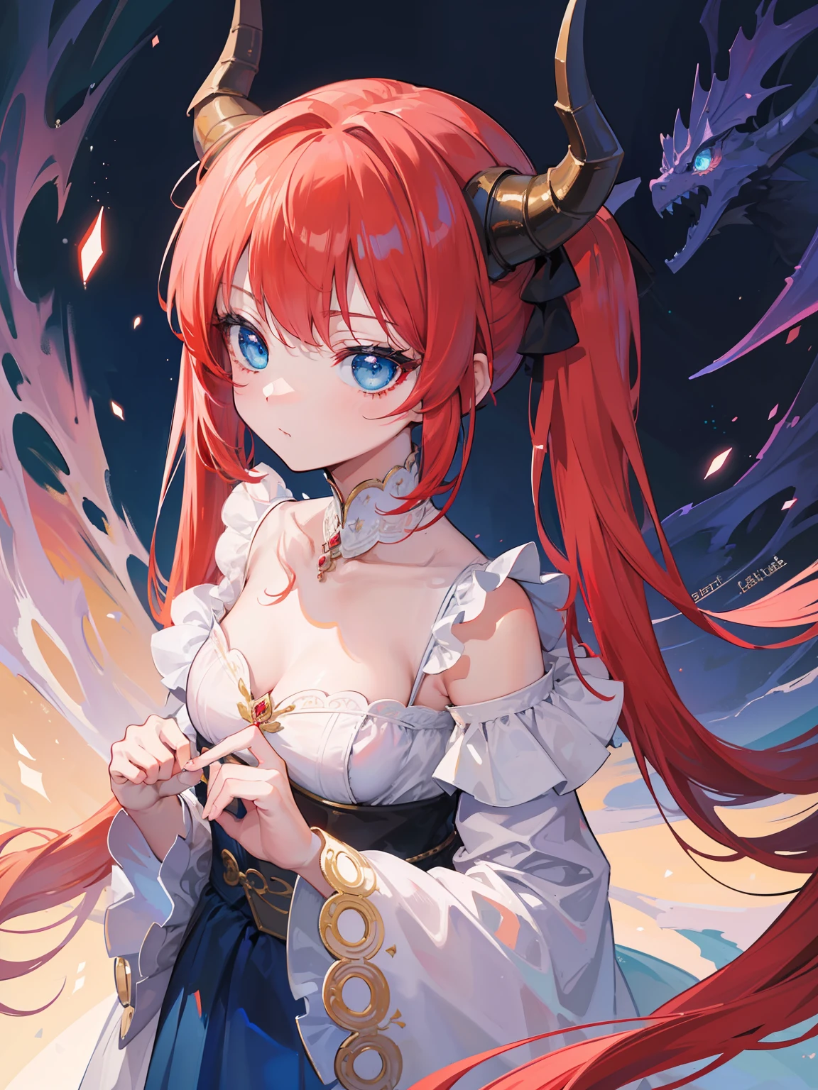 {{best quality}}, {{masterpiece}}, {{ultra-detailed}}, {illustration}, {detailed light}, {an extremely delicate and beautiful},Dragon Horns, girl, solo, Twintails, red hair, blue eyes, cute, fantasy, fantasy style, Dragon Girl,li,liirl,