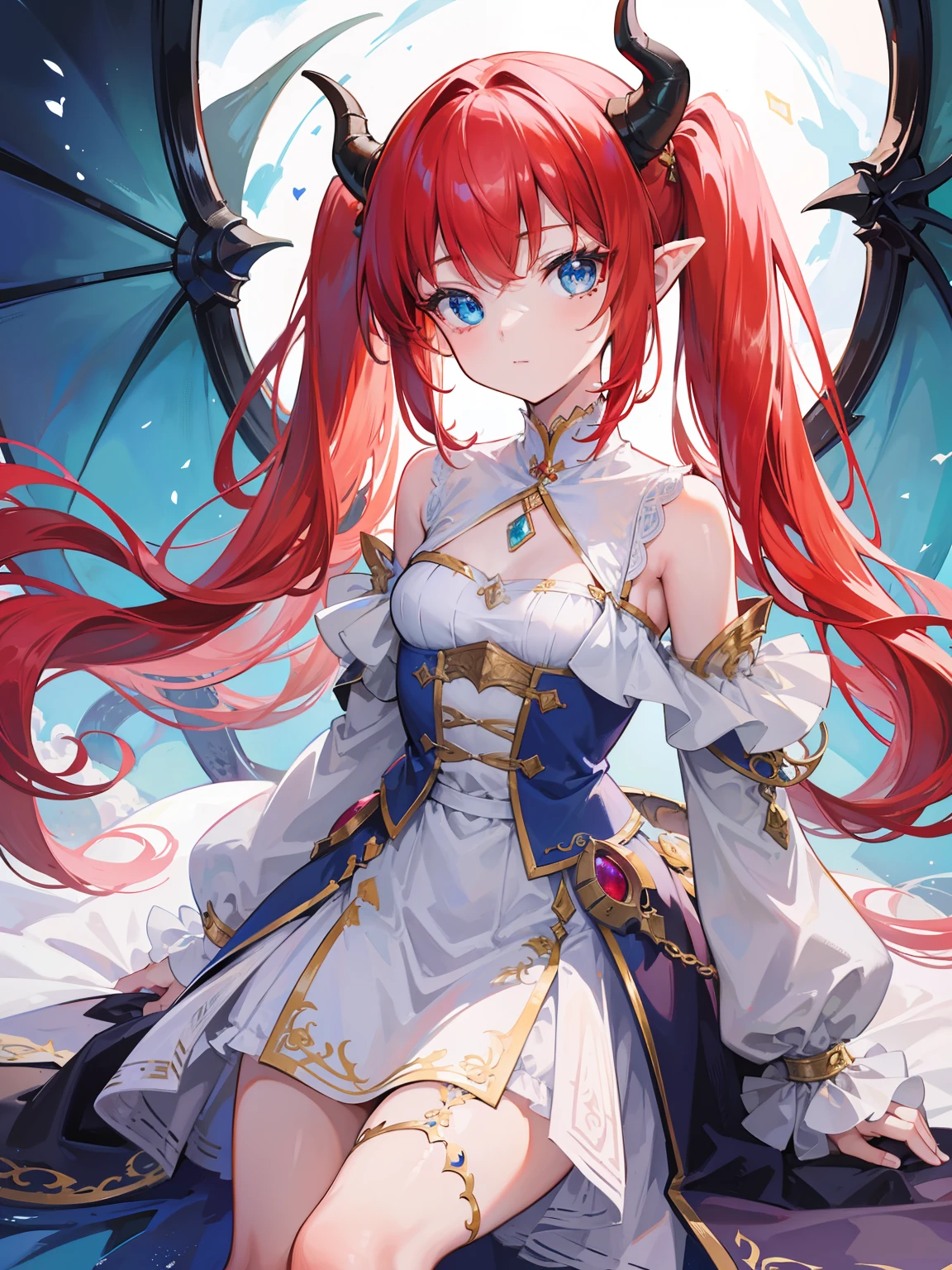 {{best quality}}, {{masterpiece}}, {{ultra-detailed}}, {illustration}, {detailed light}, {an extremely delicate and beautiful},Dragon Horns, girl, solo, Twintails, red hair, blue eyes, cute, fantasy, fantasy style, Dragon Girl,loli,little girl,