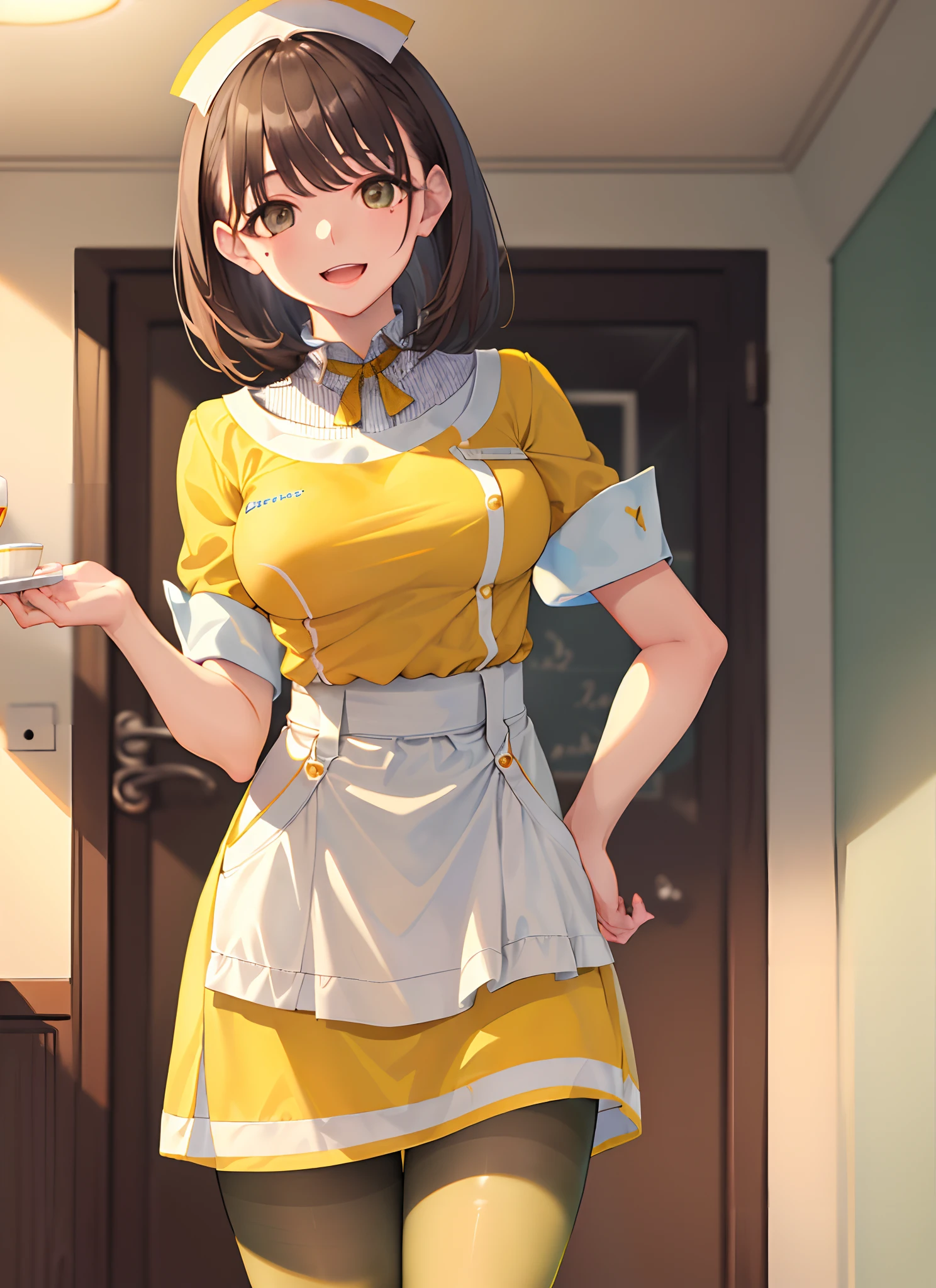 (masterpiece, best quality:1.5), cowboy shot, solo, 1girl, anegasaki nene, waitress, smile, looking at viewer, arm behind back, :d, tray, ((yellow color waitress uniform:1.2)), see-through legwear, white apron, pantyhose, restaurant, indoors, table, chair, cup,