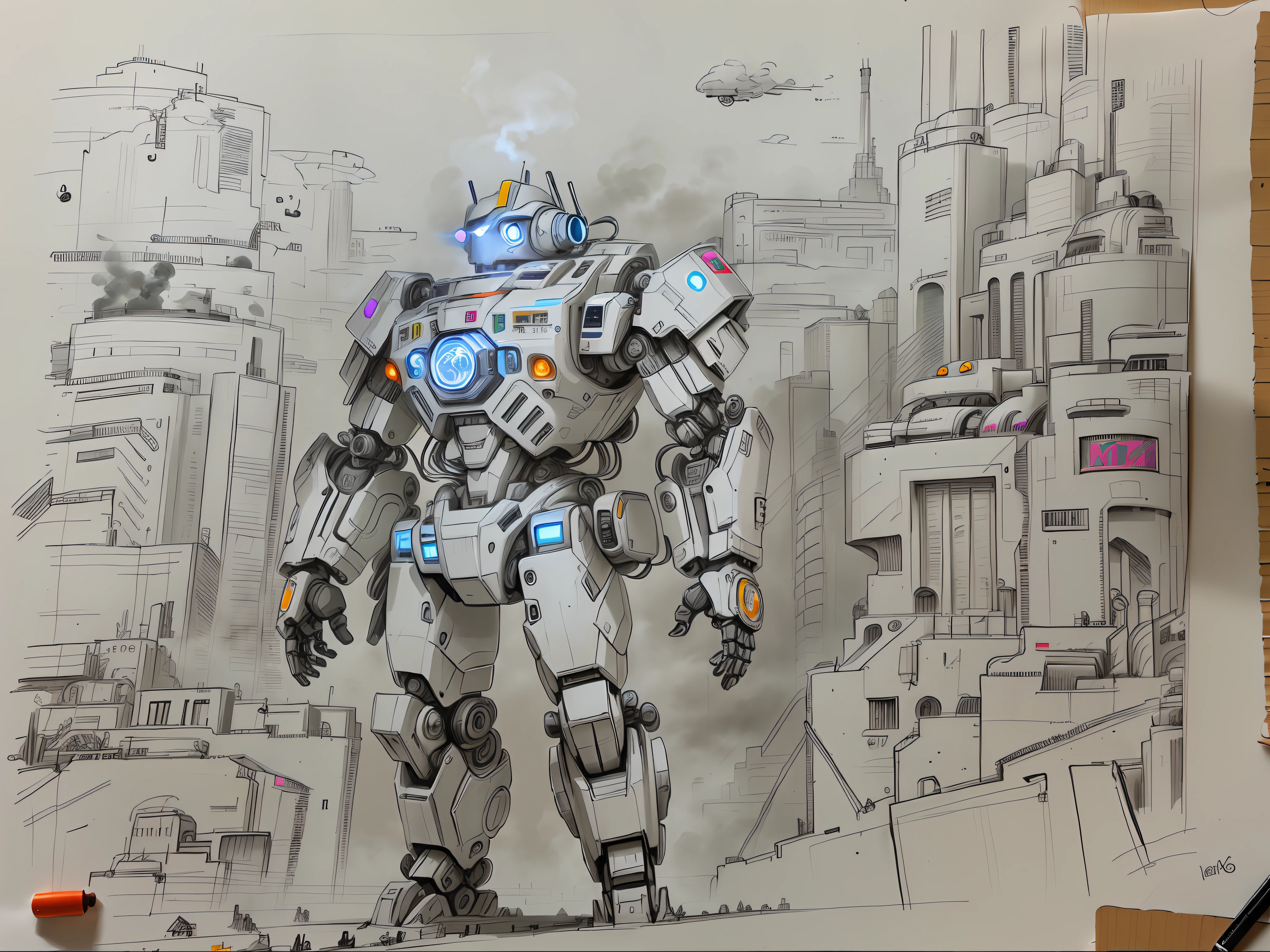 Robot drawing with city as background,Smoke rises in the sky in the background