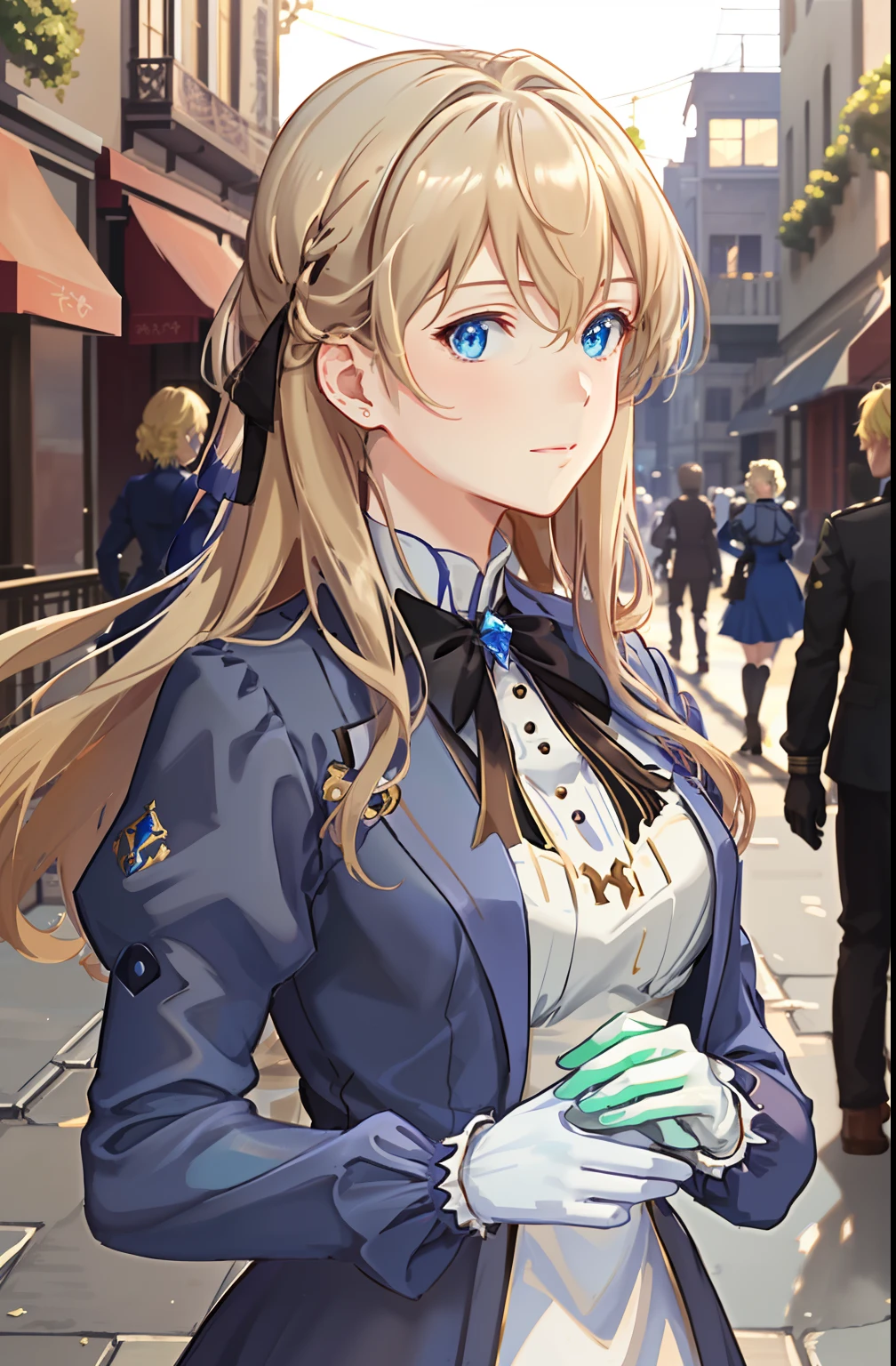 best quality, masterpiece,highly detailed,anime,1girl,upper body,violet_evergarden,medium breasts,perfect face,blond hair,hair ribbon,blue eyes,glowing eyes,blue jacket,long sleeves,white dress,green gem,brown gloves,outdoors,street,depth of field,looking at viewer,