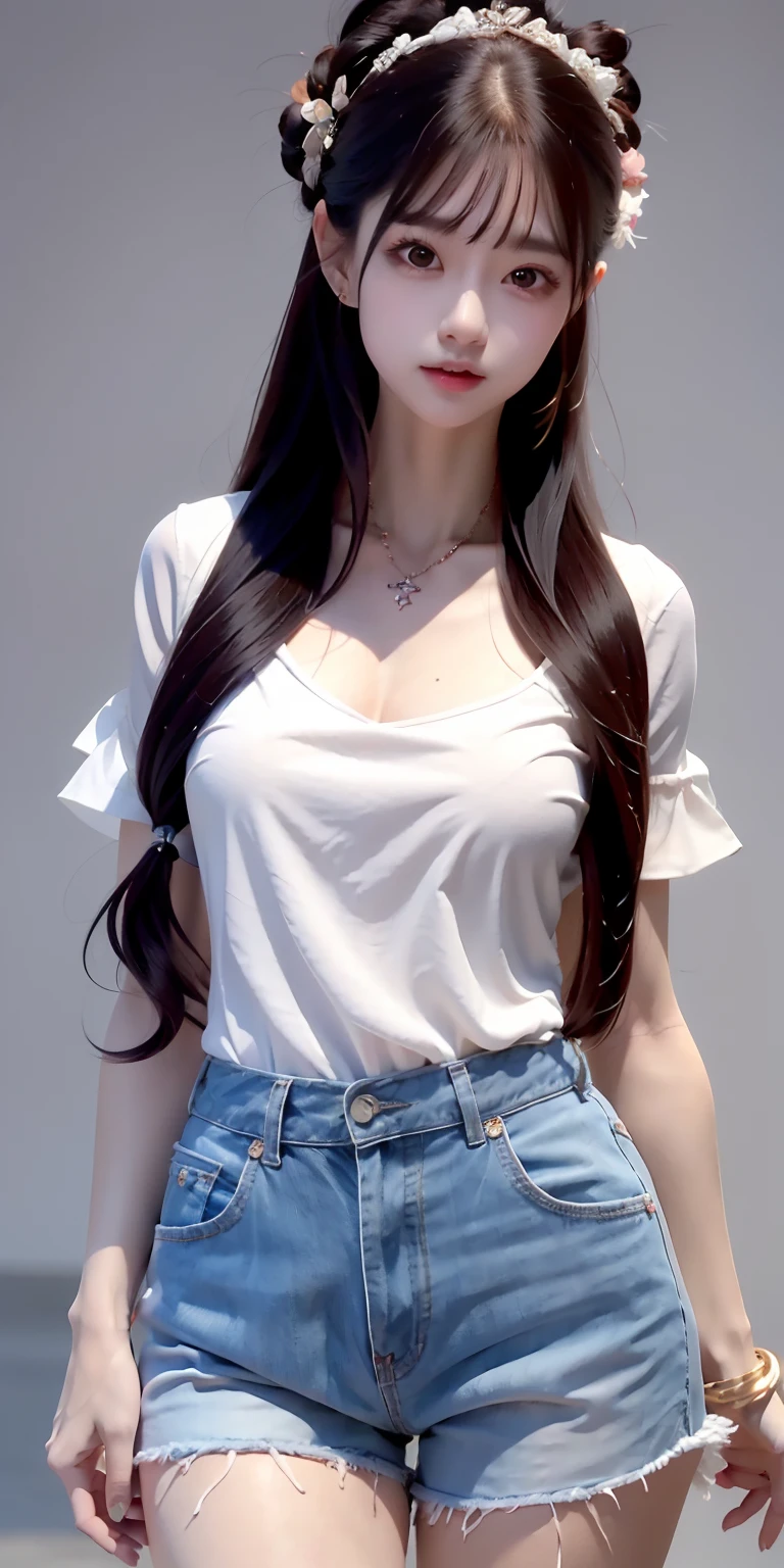 Bust photo，tmasterpiece， black_hair， 1girll， long_hair，long whitr hair，horse tailed，In a white blouse shirt，blue jeans short pants，Beth， chino，anatomy correct， textureskin， tmasterpiece， ccurate， high qulity， high detal， super detailing， best qualtiy， A high resolution， 16k， UHD，