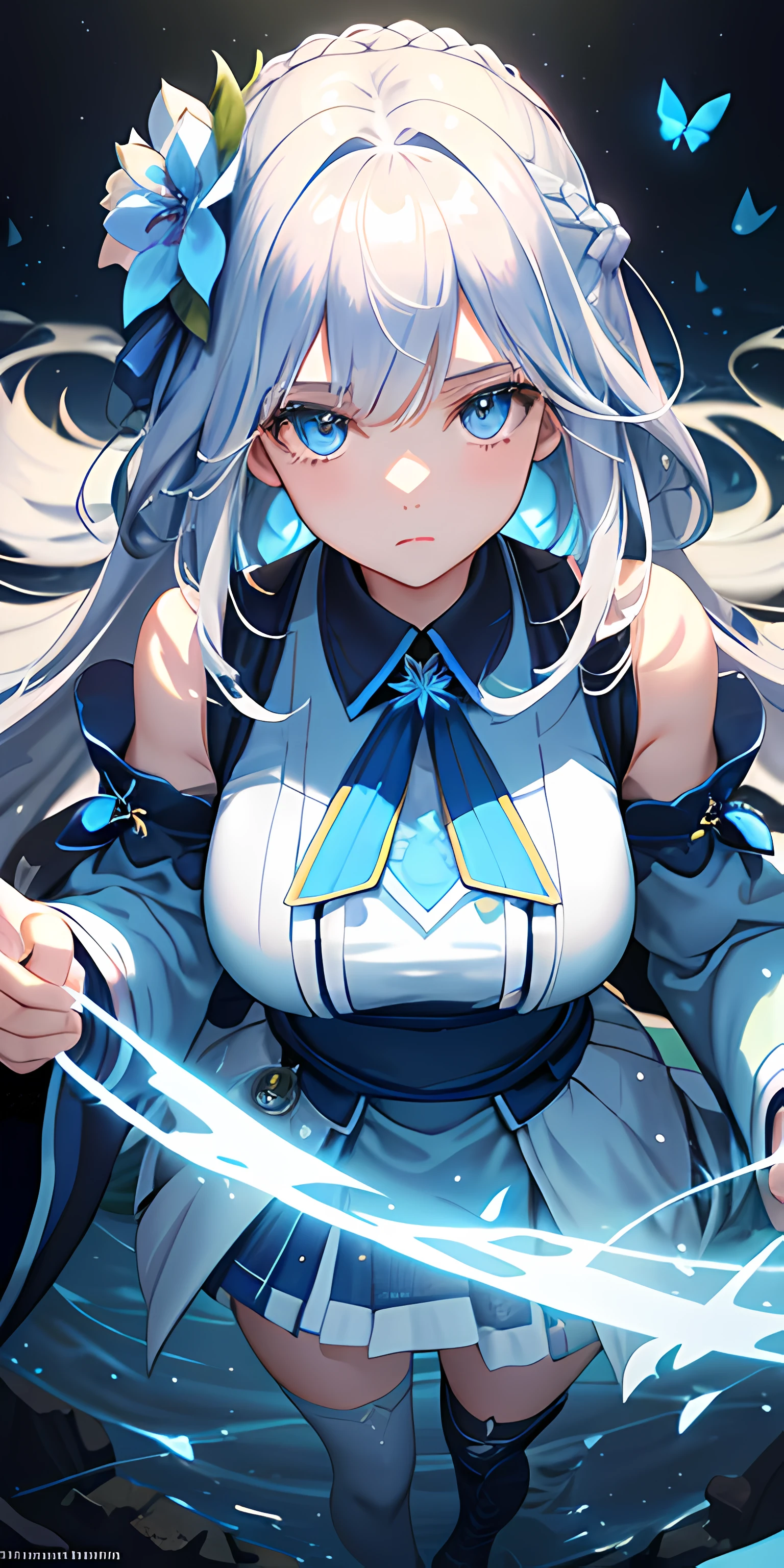 (Overhead view),dynamic angle,ultra-detailed, illustration, close-up, straight on, 1girl, (fantasy:1.4), (azure blue eyes:1.233),Her eyes shone like dreamy stars,(glowing eyes:1.233),(beautiful and detailed eyes:1.1),(Silver hair:1.14),(messy hair,very long hair,french braid,hair between eyes,sidelocks), (+(bule hair flower:1.14)),(chiffon dress,bule flower pattern in uniform)/=(military uniform:1.24),(detached sleeves,wide sleeves),(fingerless gloves),choker,(miko thighhighs),High heeled boots,(expressionless,closed mouth),(standing), (classical Princess boudoir with dressing tableand french windowin a white ancient palaces),(white flowers,bloom),(abysmal sea),(flowing water),(a dull blue world tree:1.14),(ruins),(night:1.2),dreamy,soul,(fluorescence),(flying translucent blue butterflies:1.15), [[delicate fingers and hands:0.55]::0.85],(detail fingers),(yubao:0.5),