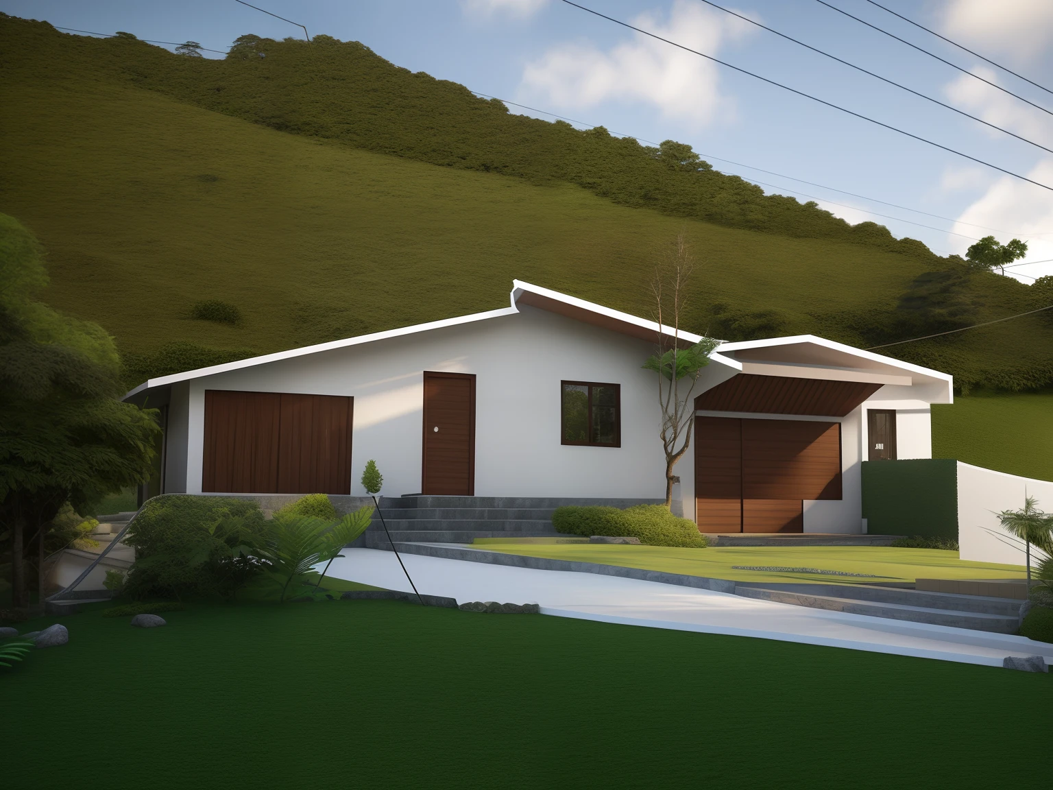 There is a small white house with a red roof and a green door, Rendering with vibrant colors, Directed by: CeFerí Olivé,vista exterior, gramado muito verde em frente, casa completa, vista externa, imagem de listagem, imagem frontal, Frente, casa moderna, estilo colonial, Directed by: Willian Murai,forest location, vista frontal, imagem central, Vista frontal, casa no fundo, Front view