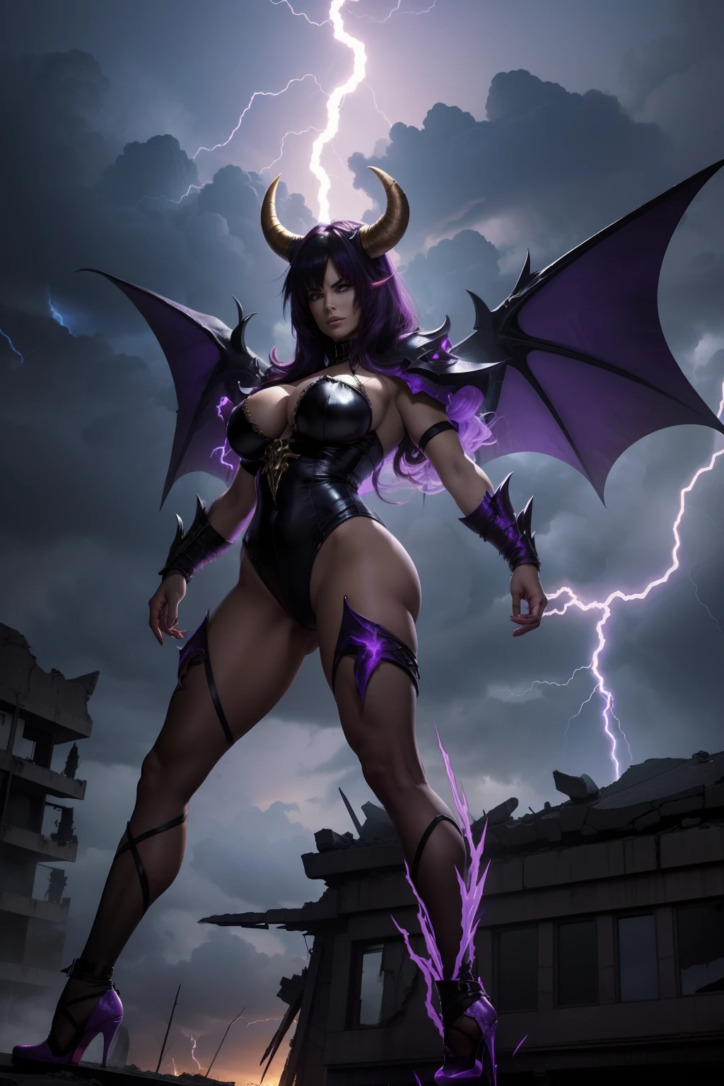 Lisa Ann as a hyper-giant, hyper-powerful demon with a demon horn on his head and demon wings, and throws purple lightning bolts at a building, ville en ruine post apocalyptique,