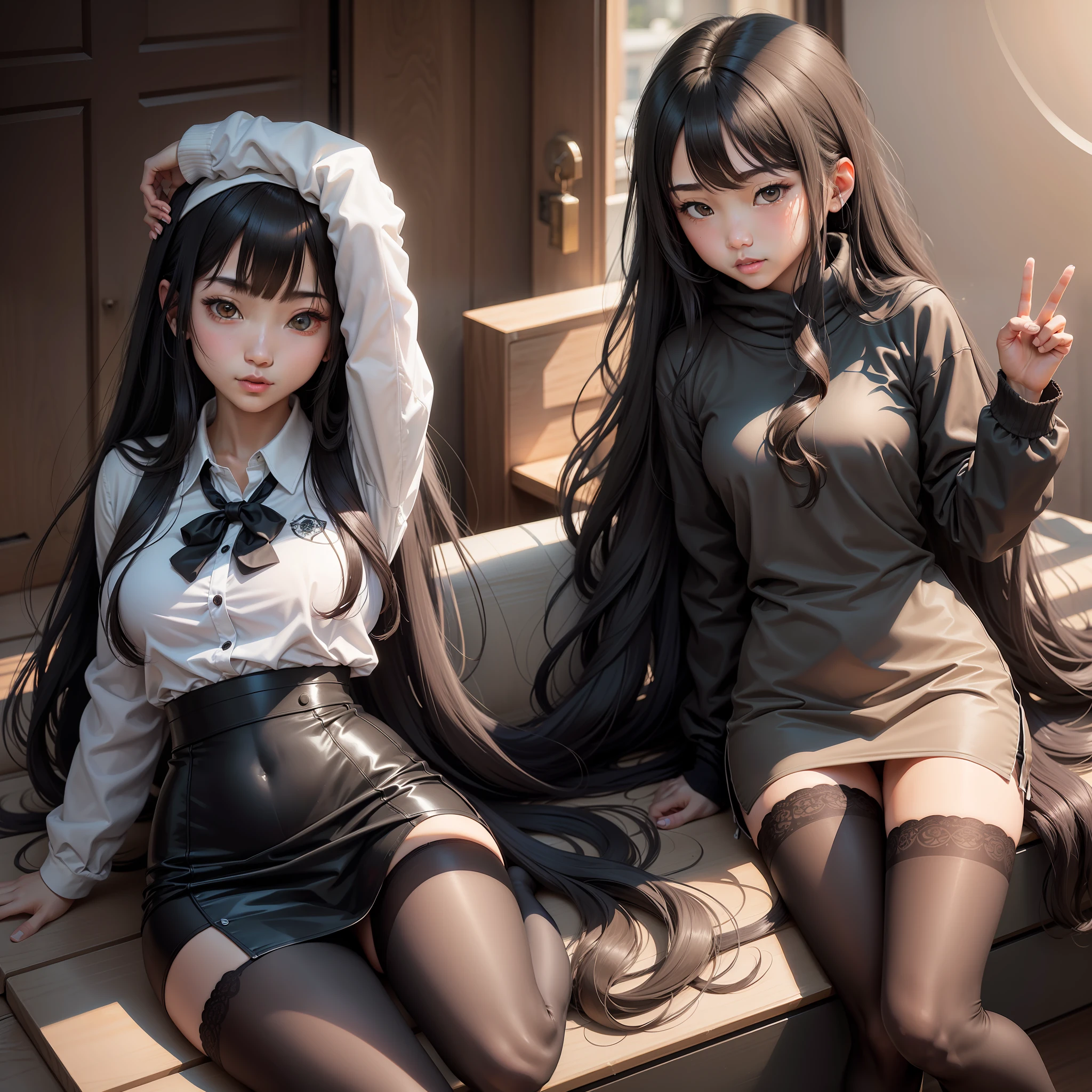 female high-school student,Standard student appearance,Asia face,(middlebreast,),It's more tumultuous,adolable,rays of sunshine,(perfect bodies:1.1),(Medium-long wavy hair:1.2),Black medium long hair,black lence stockings(lacepantyhose),without wearing shoes,Single full-body photo,At home。
