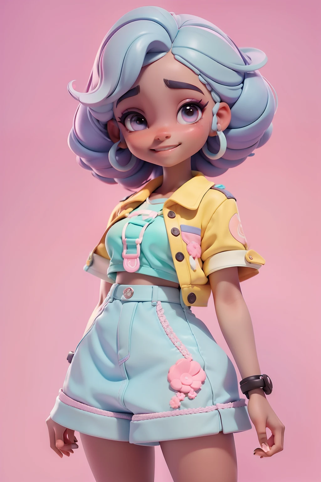 Avatar adolescente negra, tons pastel, sorriso meigo e delicado, Modern clothing and accessories, corpo inteiro,pele clara e olhos delicados e cabelos multicolor, fundo simples e branco