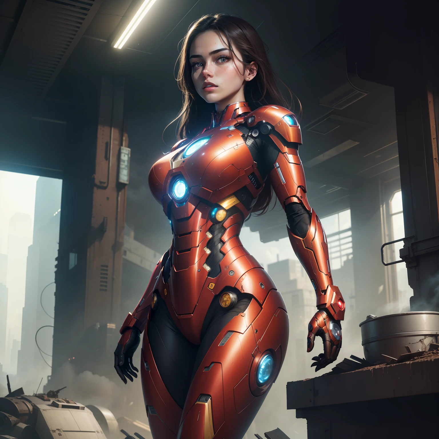 RAW, Masterpiece, Ultra Fine Photo,, Best Quality, Ultra High Resolution, Photorealistic, Sunlight, Full Body Portrait, Stunningly Beautiful,, Dynamic Poses, Delicate Face, Vibrant Eyes, (Side View) , she is wearing a futuristic Iron Man mech, red and gold color scheme, highly detailed abandoned warehouse background, detailed face, detailed and complex busy background, messy, gorgeous, milky white, high detailed skin, realistic skin details, visible pores , sharp focus, volumetric fog, 8k uhd, dslr camera, high quality, film grain, fair skin, photorealism, lomography, sprawling metropolis in futuristic dystopia, view from below, translucent