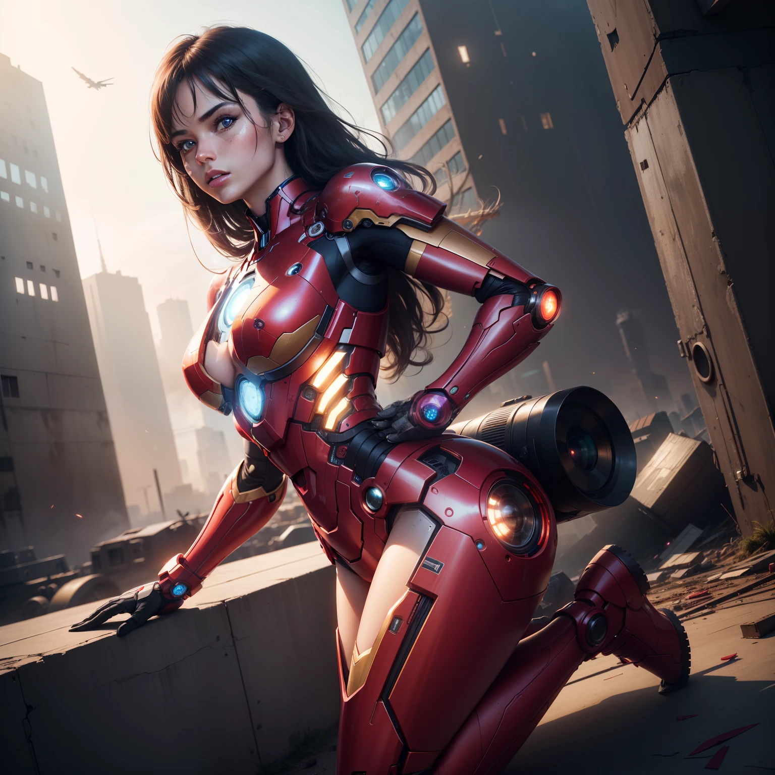RAW, Masterpiece, Ultra Fine Photo,, Best Quality, Ultra High Resolution, Photorealistic, Sunlight, Full Body Portrait, Stunningly Beautiful,, Dynamic Poses, Delicate Face, Vibrant Eyes, (Side View) , she is wearing a futuristic Iron Man mech, red and gold color scheme, highly detailed abandoned warehouse background, detailed face, detailed and complex busy background, messy, gorgeous, milky white, high detailed skin, realistic skin details, visible pores , sharp focus, volumetric fog, 8k uhd, dslr camera, high quality, film grain, fair skin, photorealism, lomography, sprawling metropolis in futuristic dystopia, view from below, translucent