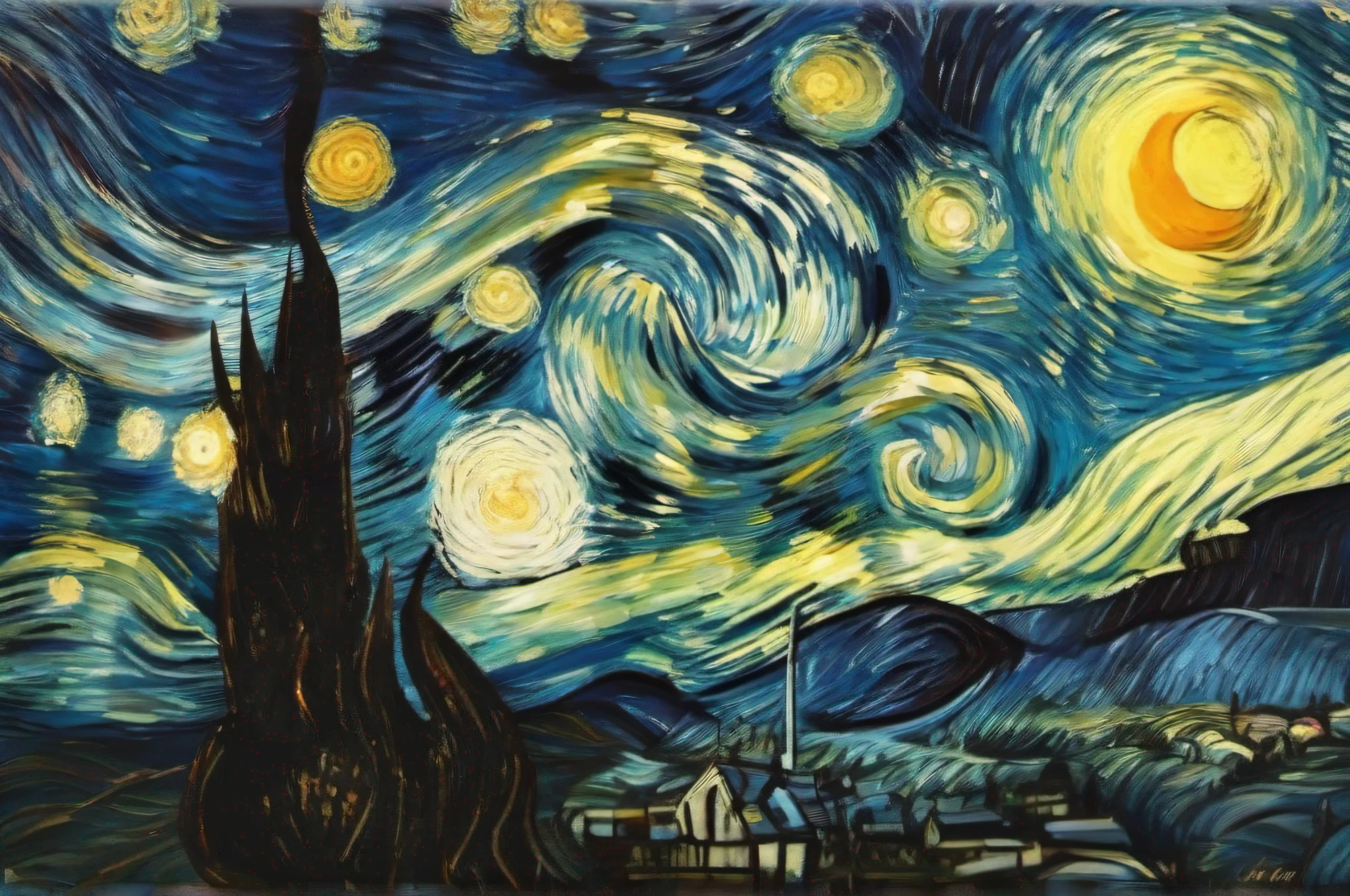 Quadro pintado a noite estrelada de van gogh, ultra HD, Alta resoluçõa, detalhes intricados, 8k, pintura original, van gogh(((Obra-prima))), ((Melhor Qualidade)), (Super Detalhe)
