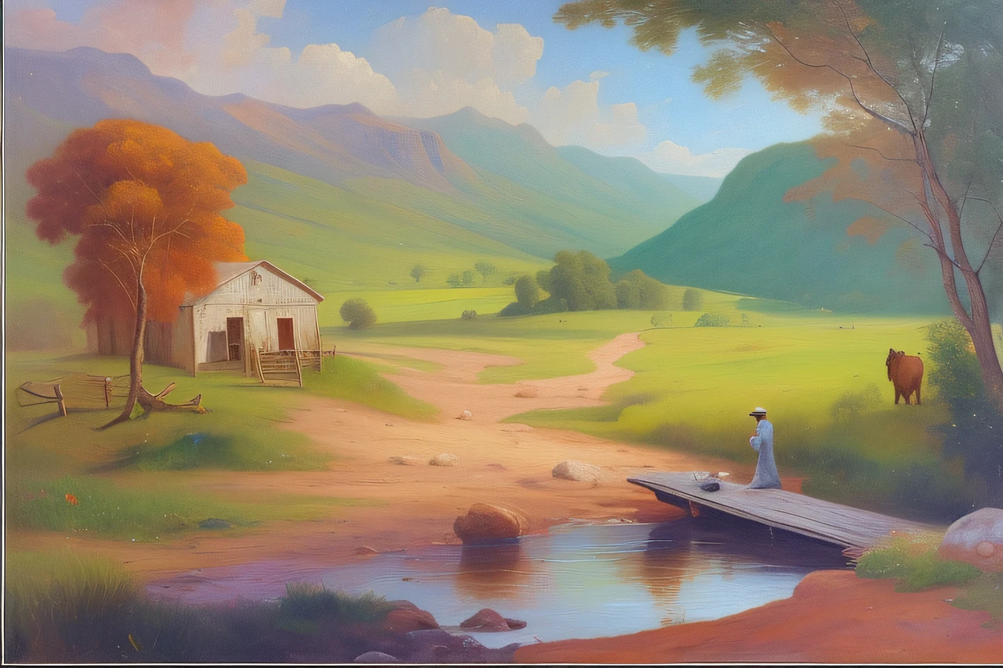 pintura de um pequeno riacho que atravessa um campo verde exuberante, inspirado em Thomas Moran, inspirado em George Inness, Directed by: Bob Ross, inspirado em Asher Brown Durand, Directed by: Doris Blair, country landscape, 2 0 2 1 pintura premiada, Pintura premiada em 2021, 2 0 2 0 Pintura premiada, in the style of an oilpainting, peaceful scene