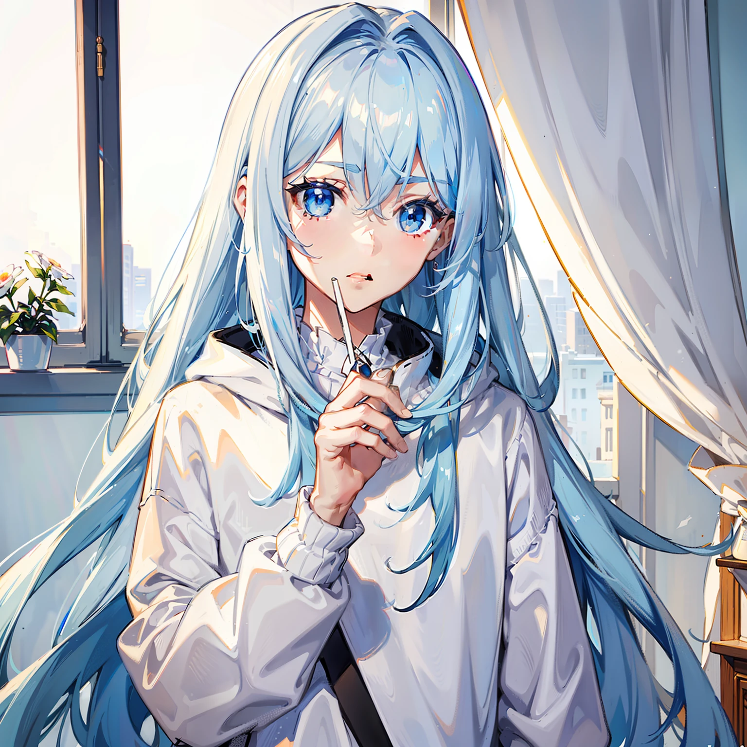 (tmasterpiece,best qualtiy),A beautiful boy with long white hair,blue color eyes,Sweatshirt