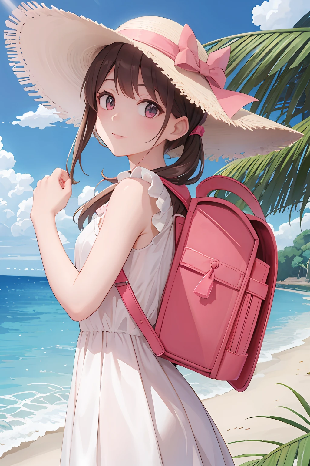 masterpiece, best quality, high resolution, extremely detailed, detailed background, cinematic lighting, 1girl, looking at viewer, absurdres, beach, white dress, sun hat, smile, wearing pink randoseru backpack, (randoseru backpack:1.0)