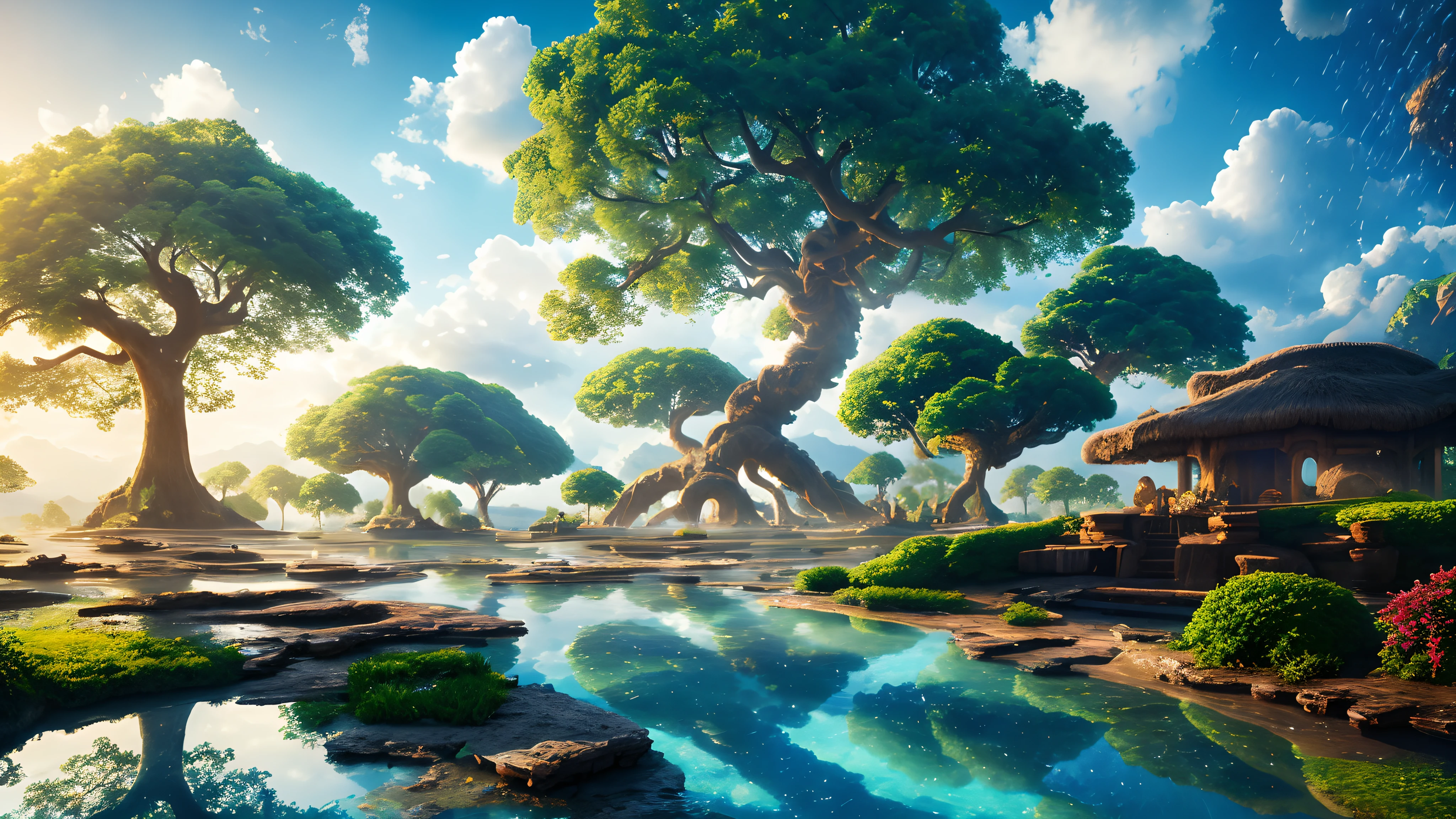 masterpiece, best quality, high quality, extremely detailed CG unity 8k wallpaper, a hyperrealistic colossal cyan raintree, in a futuristic prehistoric village, splashing water, sandy debris, lens flares, sunshaft, fluffy clouds, Hyperdetailed, HDR, bloom, Photorealistic, hyperdetailed