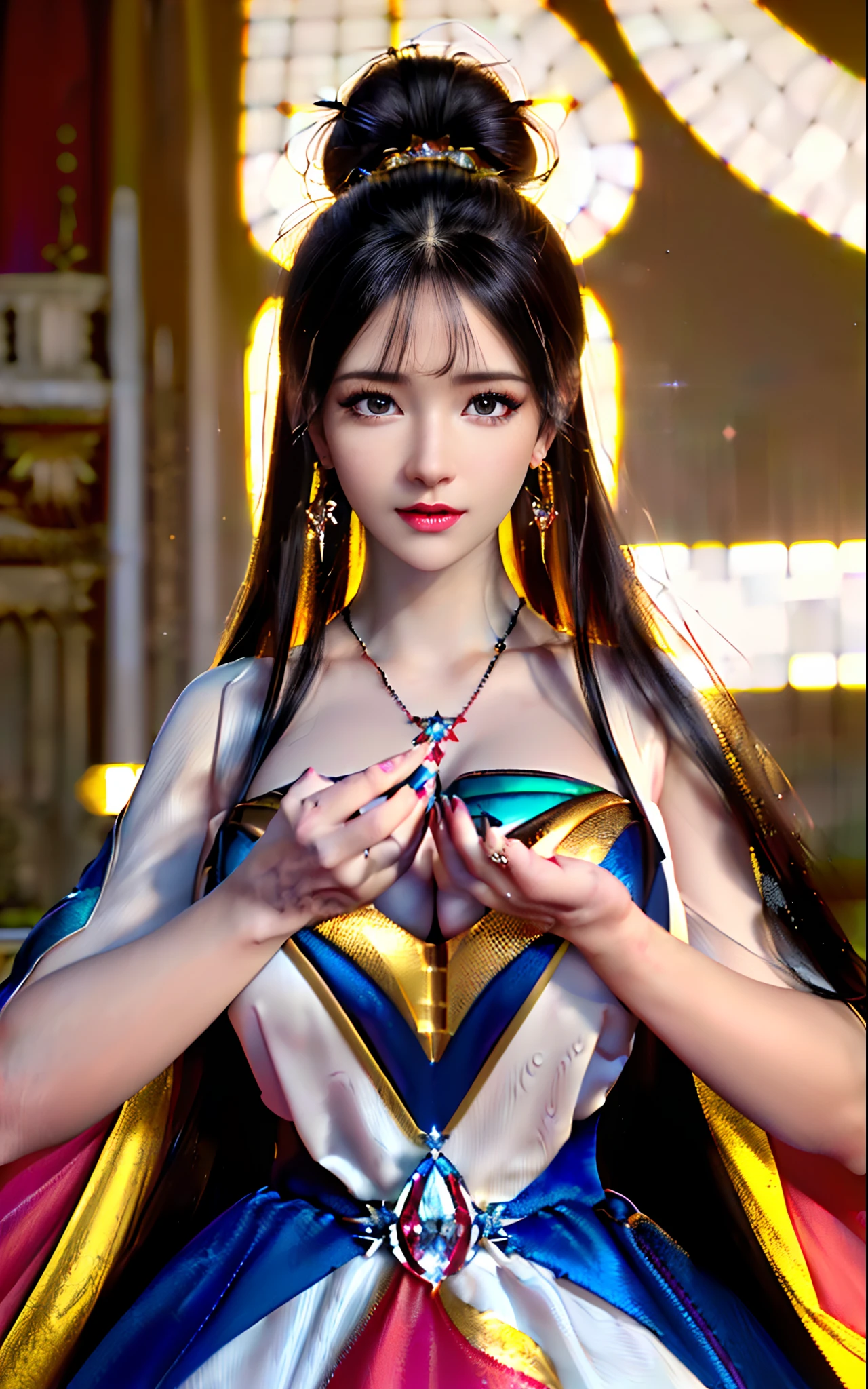 ((realisticity: 1.2)), ((realistic: 8K UHD)), ((best resolution: 8K UHD)), hyper detailed, best quality,masterpiece,highres,cg, ((1 girl hyper detailed and hyper realistic) ) , ((beautiful queen, hyper realistic and hyper detailed)),((white skin, beautiful, smooth, youthful, hyper realistic and hyper detailed )), ((Face hyper beautiful, white, hyper realistic and hyper detailed ) ), long hair, ((hyper realistic and hyper detailed dress)), solo, ((hyper realistic, hyper beautiful, beautiful and hyper detailed jewelry)), ((hyper beautiful deep red and golden yellow dress, hyper realistic and hyper detailed )) , ((Her pretty, hyper realistic, hyper detailed diamond filled earrings)), ((Her gorgeous diamond haircut, hyper realistic and hyper detailed)), ((hyper pretty upper body, hyper beautiful, hyper realistic and hyper detailed) ), ((medium : 1.1)), ((hyper realistic, hyper pretty, hyper detailed boobs)the backgroun of the royal palace is hyper majestic, hyper realistic and hyper detailed)),((hands and palms hyper beautiful, hyper detailed, hyper realistic)), ((hyper detailed and hyper realistic fingers and fingernails)), ((hyper pretty fingernails, hyper vivid, hyper detailed, hyper realistic)),
((hyper beautiful fingers, hyper detailed, and hyper realistic)), ((posture not too fat and not too thin, hyper realistic, hyper detail)), ((hyper pretty, hyper pretty, hyper realistic and hyper detailed hair bun)), ((hyper pretty , hyper realistic and hyper detailed blue hair)), candid, Photo, high resolution, 8k , bokeh,