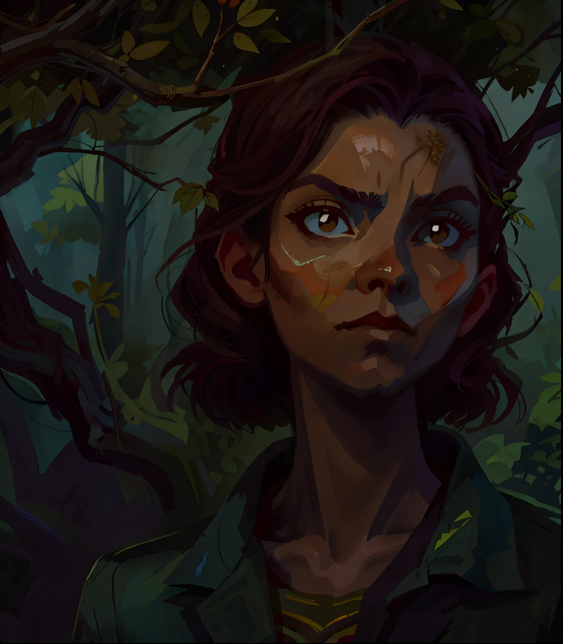 gouache painting portrait of a woman with furious face expression:1.5, full body:1.5, standing, high quality portrait, aesthetic portrait, poison ivy, envolved in roots, branches and foliage, solo:1.5, realistic natural skin, professional retouch, beautiful highly symmetric, misterious ambience, in RootsBranchesAI style, ZaUm, elysiumChar, 1girl,, background with roots and branches