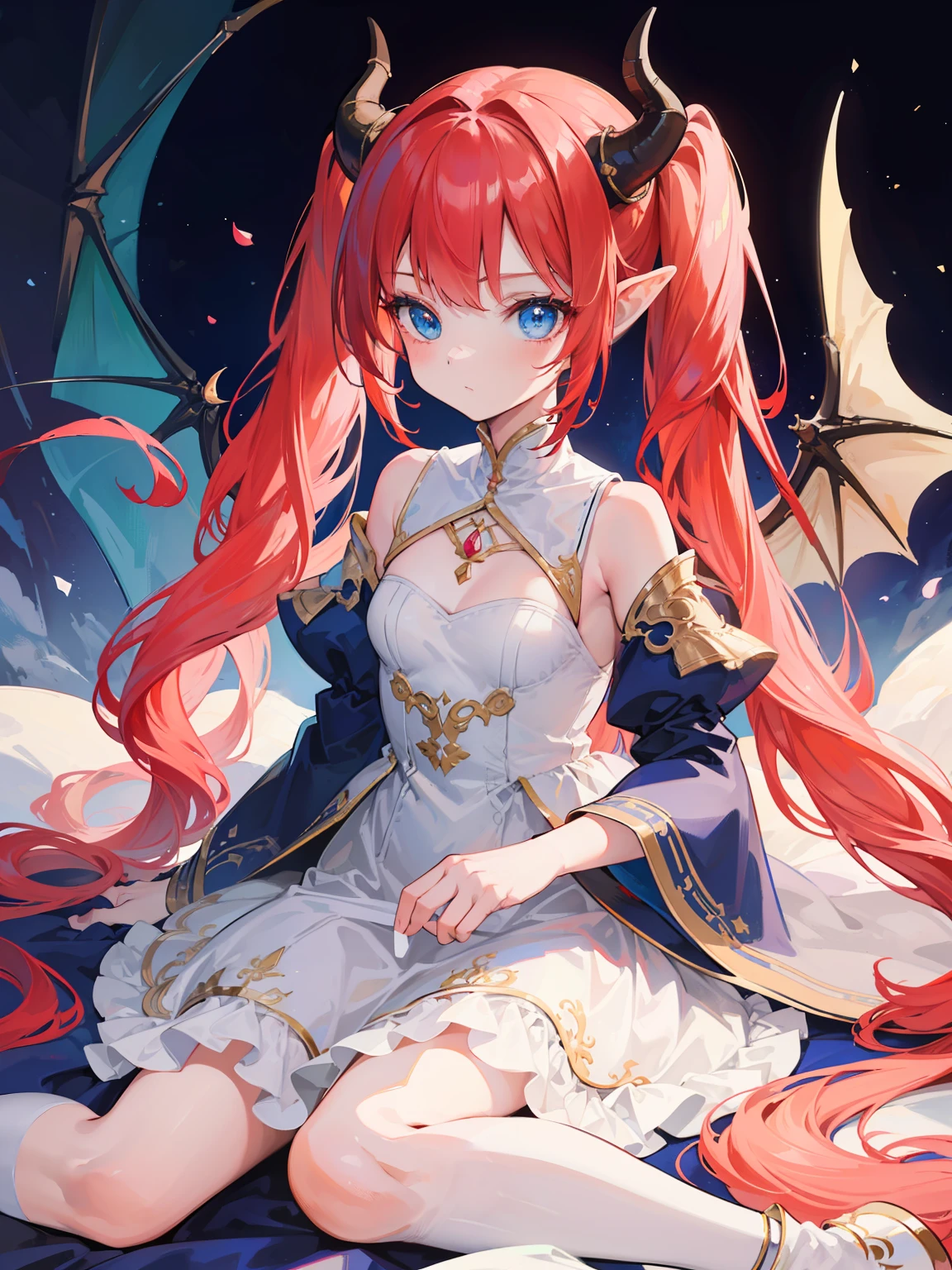 {{best quality}}, {{masterpiece}}, {{ultra-detailed}}, {illustration}, {detailed light}, {an extremely delicate and beautiful},Dragon Horns, girl, solo, Twintails, red hair, blue eyes, cute, fantasy, fantasy style, Dragon Girl,loli,little girl,